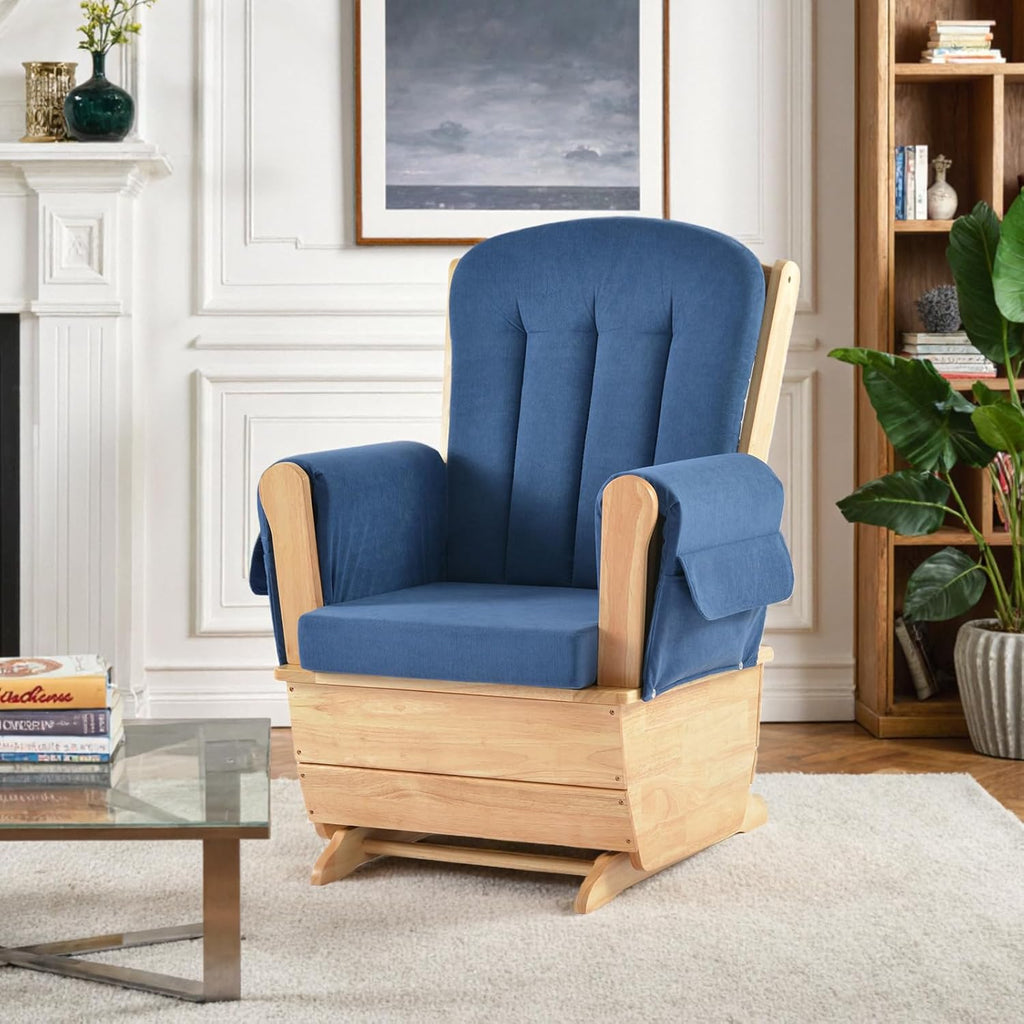 Glider Rocker Chair with Ottoman, Silent Swing Solid Rubberwood Nursery Rocking Chair for Baby Feeding, Ergonomic Comfy Cushion for Nursery Living Room Bedroom Classroom, Blue