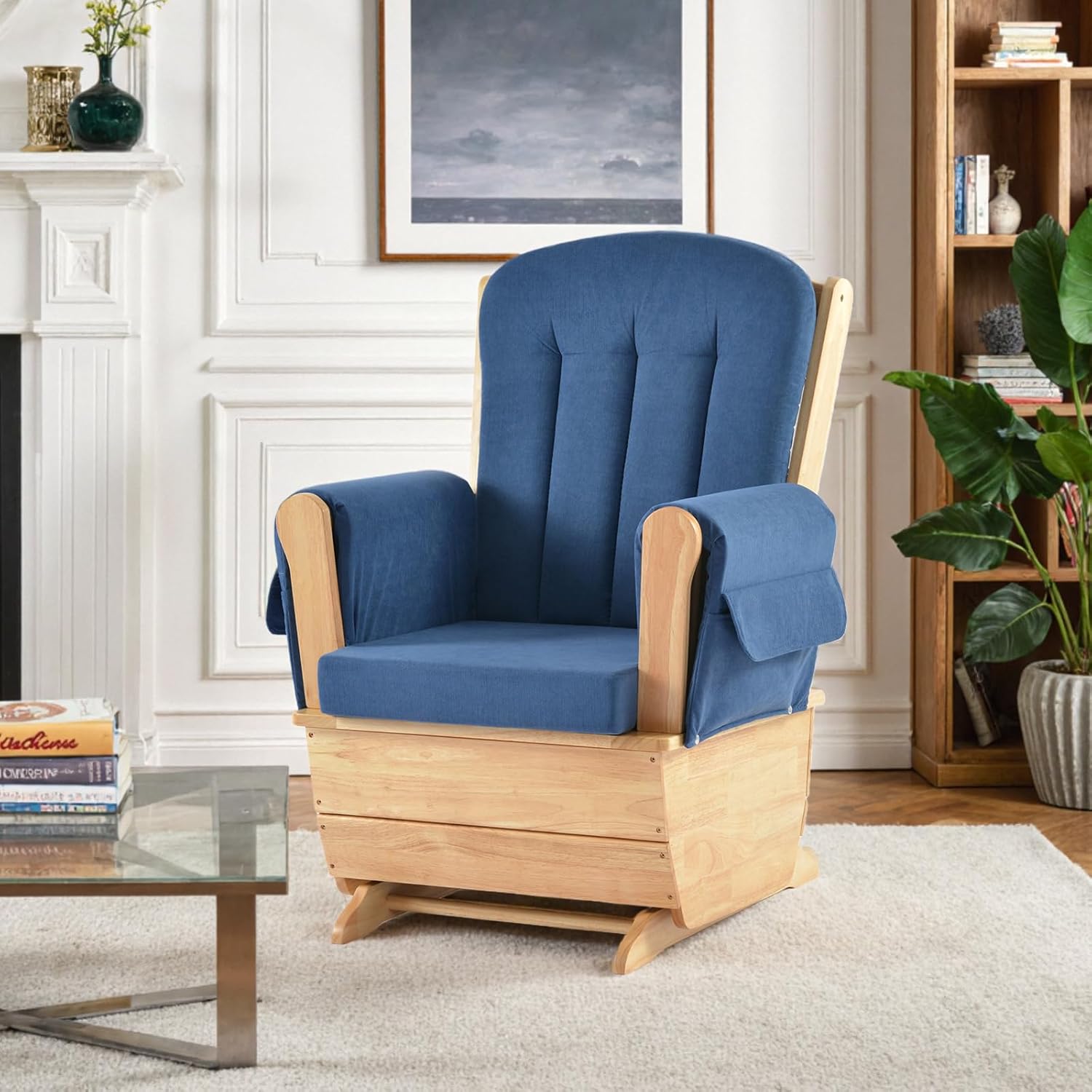 Glider Rocker Chair with Ottoman, Silent Swing Solid Rubberwood Nursery Rocking Chair for Baby Feeding, Ergonomic Comfy Cushion for Nursery Living Room Bedroom Classroom, Blue