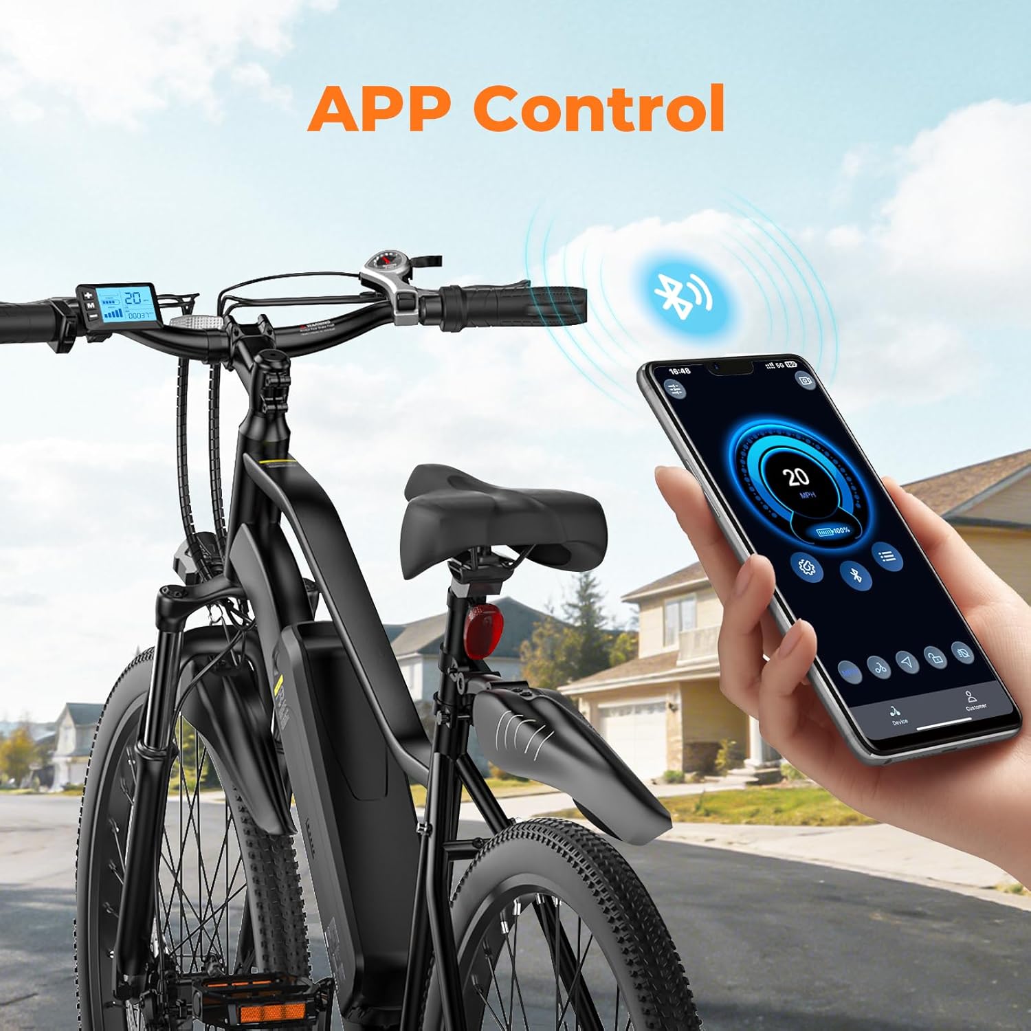 Electric Bike, 1500W/1000W/750W Peak Motor, 80/70/55 Miles Range & 20MPH Speed, 26'' Tires, APP Control E Bike, Shock Absorber, Adjustable Seat, Commuting Electric Bike for Adults