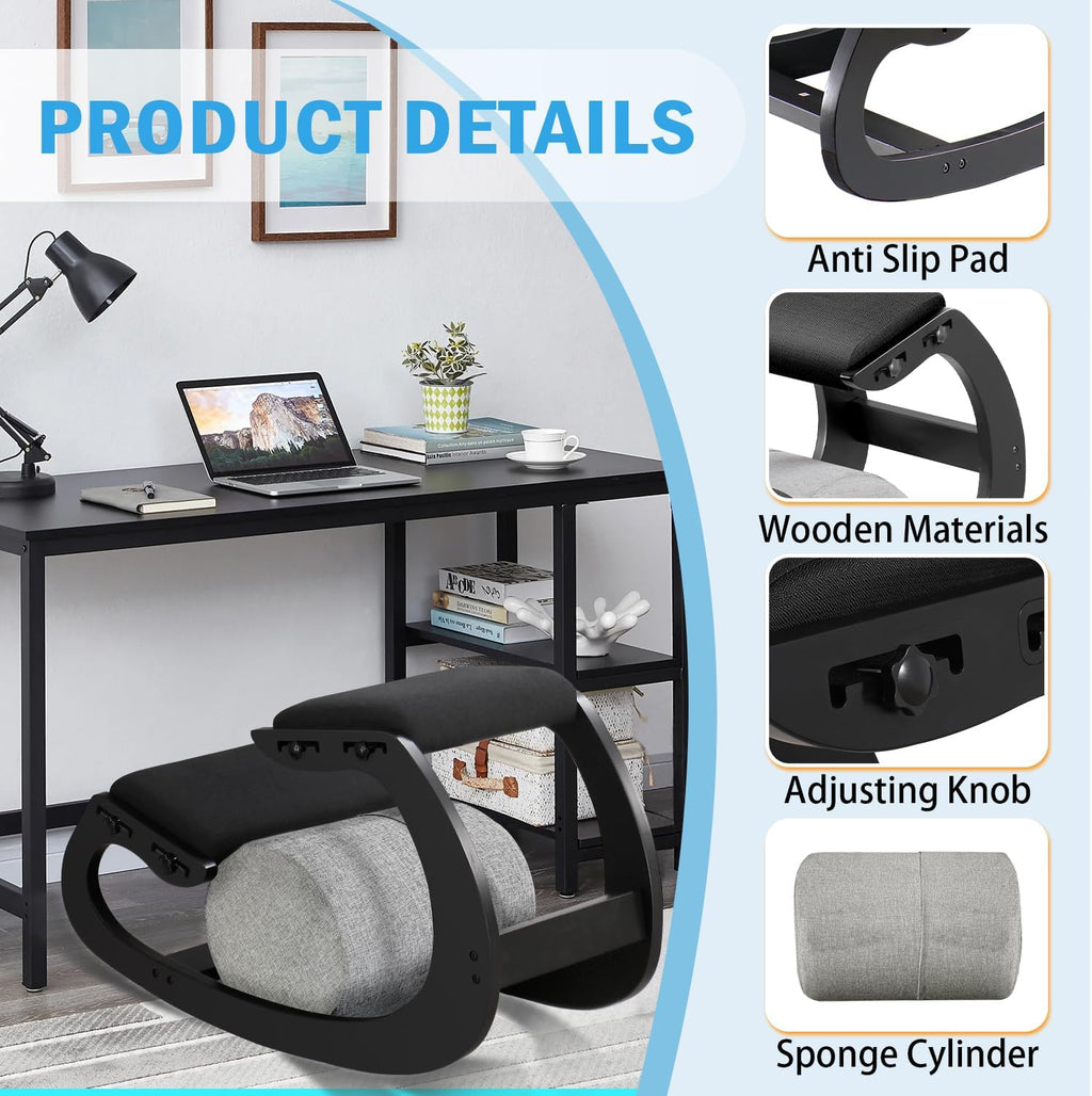 Adjustable Kneeling Chair, Wooden Ergonomic Chair Knee Chair Posture Chair - Improve Your Posture with an Angled Seat for Home,Office (Cylindrical Black)