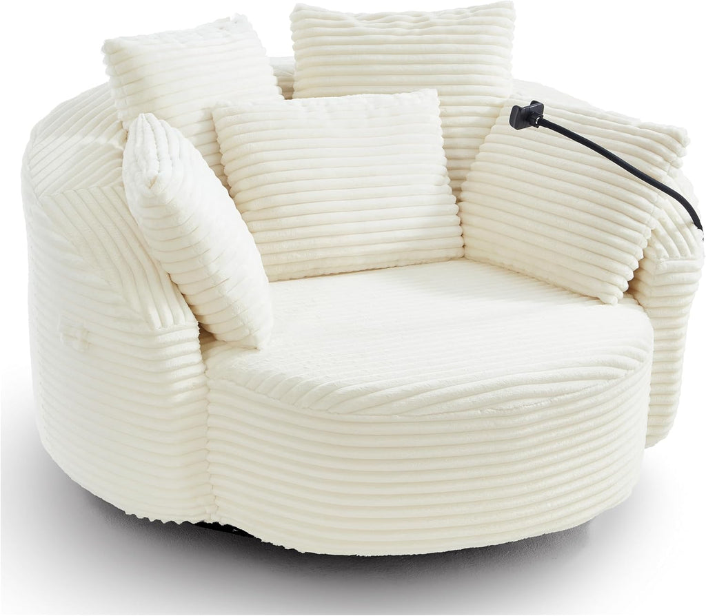 JIVOIT 360° Swivel Accent Chair with 5 Throw Pillows, Adjustable Phone Holder, Corduroy Fabric Round Sofa Chair Barrel Chair with Semi-Wraparound Design for Living Room, Office and Hotel (Beige,1)
