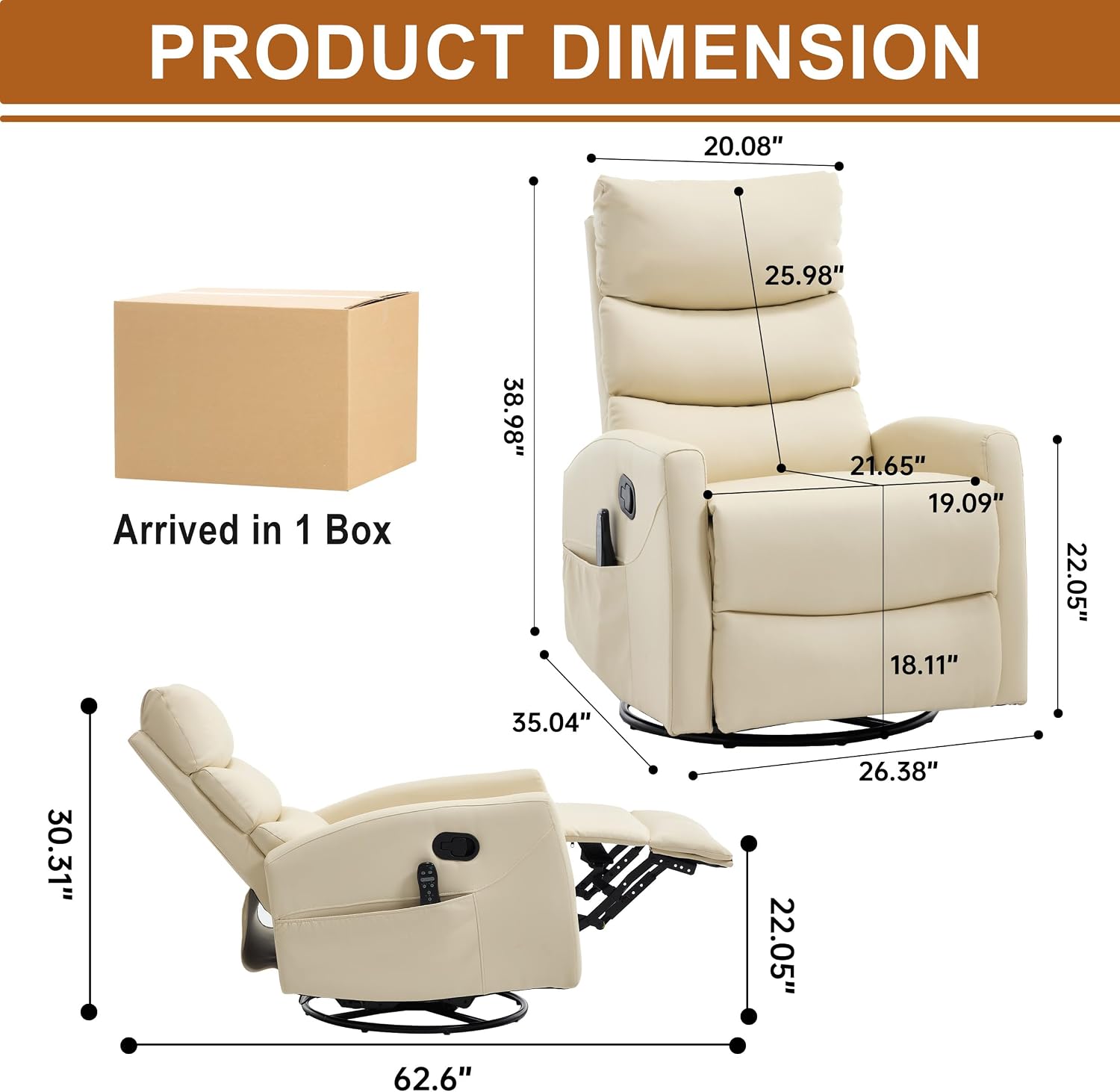 Manual Swivel Rocker Recliner Chair for Adults, Overstuffed Reclining Glider Chair for Nursing with Vibration Massage & Heat, Living Room Rocking Recliner 3-Stage backrest, Faux Leather Light Yellow