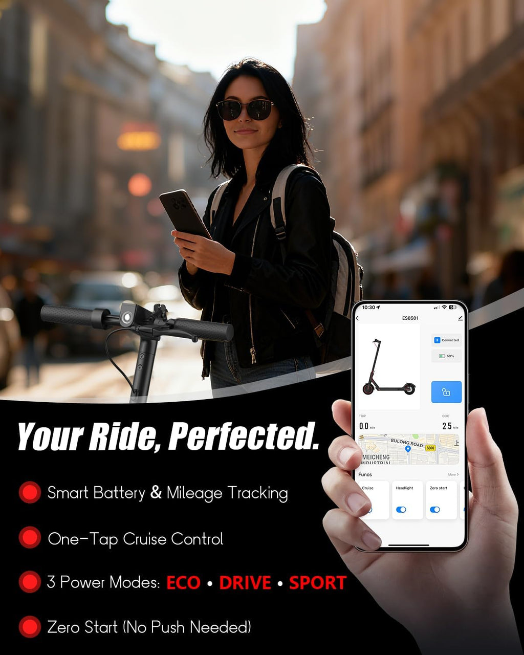 Electric Scooter for Adults，8.5' Solid Tires, Max 19 Mph Speed, 19 Miles Long Range, 264 lbs Load, 350W Motor, Foldable E-Scooter for Adults with Dual Braking System & App Control