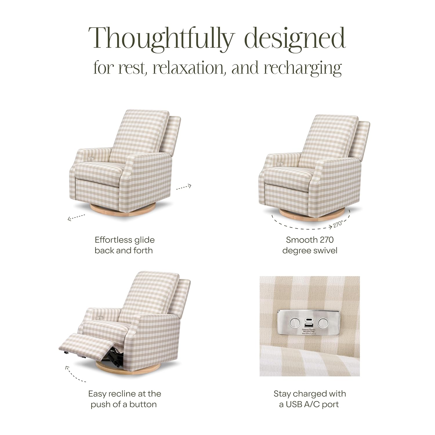 Namesake Crewe Glider Recliner Nursery Chair - GREENGUARD Gold & Certi-PUR US Certified Rocker Recliner - Glider Rocking Chair for Nursery & Living Room - Electronic, 270° Swivel, Tan Gingham