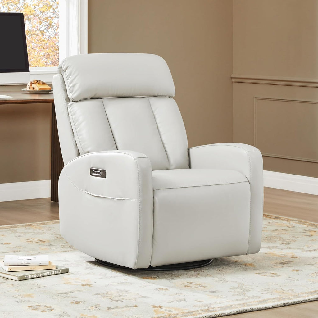CHITA Leather Power Swivel Recliner Chair for Adults, Triple Motor Electric Rocker Recliner for Living Room with Adjustable Headrest and Lumbar Support, USB & Type-C Charging Ports, Creamy Grey