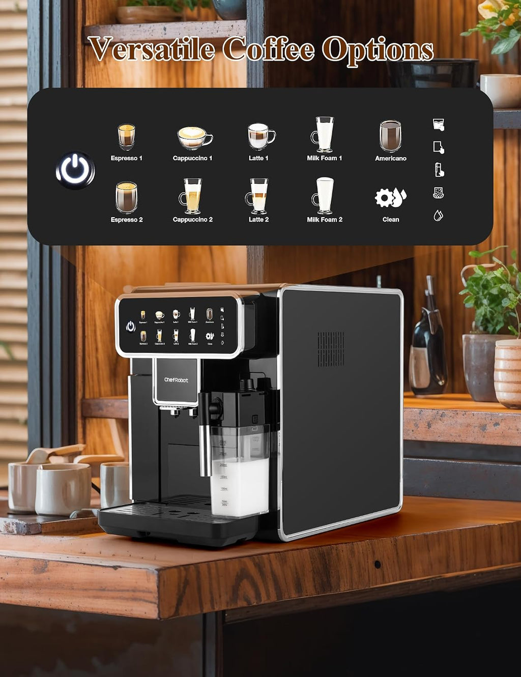 Chef Robot Automatic Espresso Machine Coffee Maker 12 Cup with Grinder Cappuccino Latte Americano Machine with Milk Frother for Home/Office (Black)