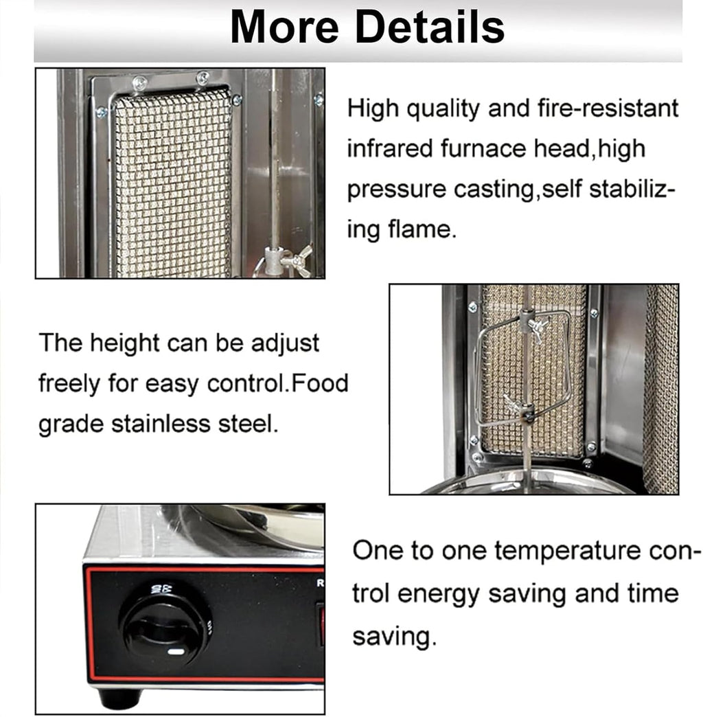 Electric Kebab Grill Vertical Broiler Gyro Meat Rotisserie with Burners, Temperature Adjustment 50-350℃, Ideal for Commercial and Home Use(Silver-L)
