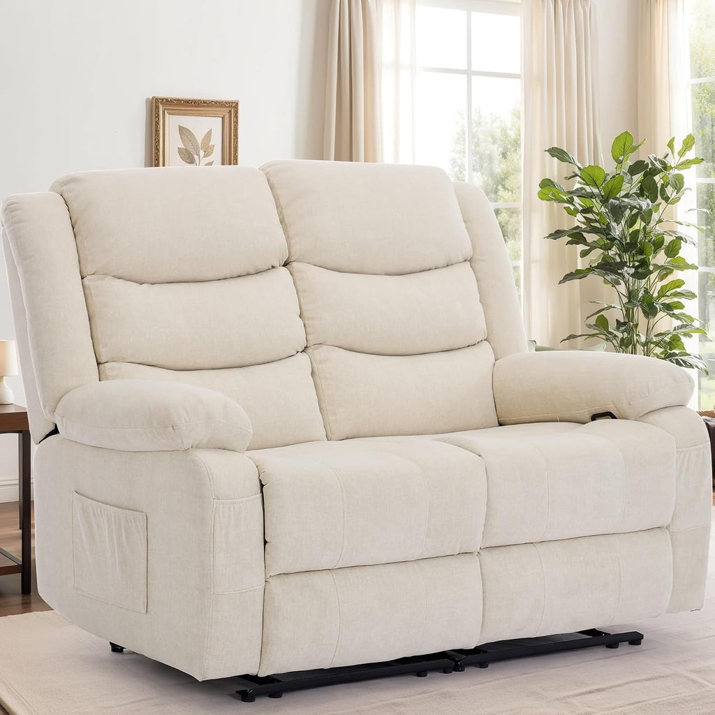 Korser Loveseat Recliner Sofa for RV Furniture and Theater Seating, Wall Hugger Loveseat Recliner, Oversized Loveseats Couch with Front Porckets&Side Pockets, Fabric, Beige
