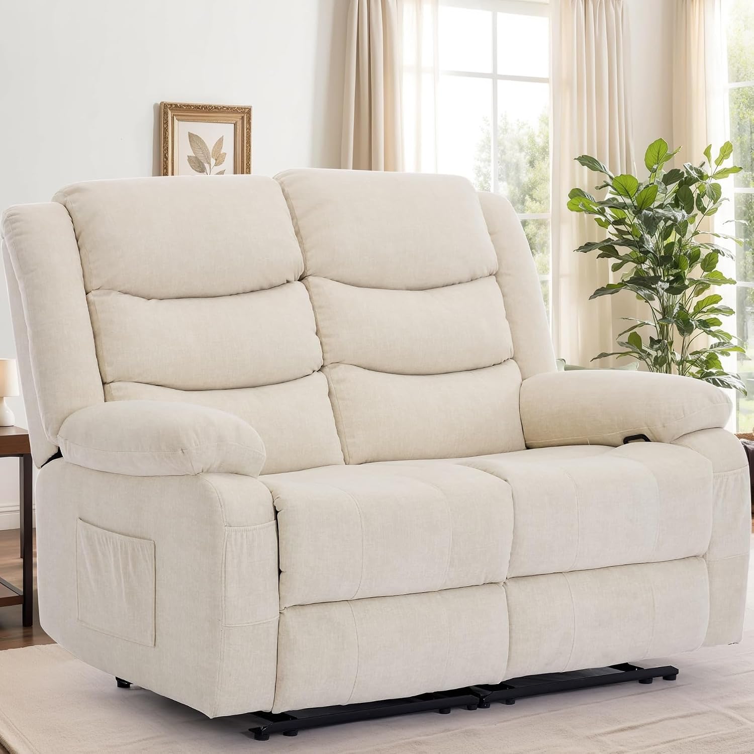 Korser Loveseat Recliner Sofa for RV Furniture and Theater Seating, Wall Hugger Loveseat Recliner, Oversized Loveseats Couch with Front Porckets&Side Pockets, Fabric, Beige
