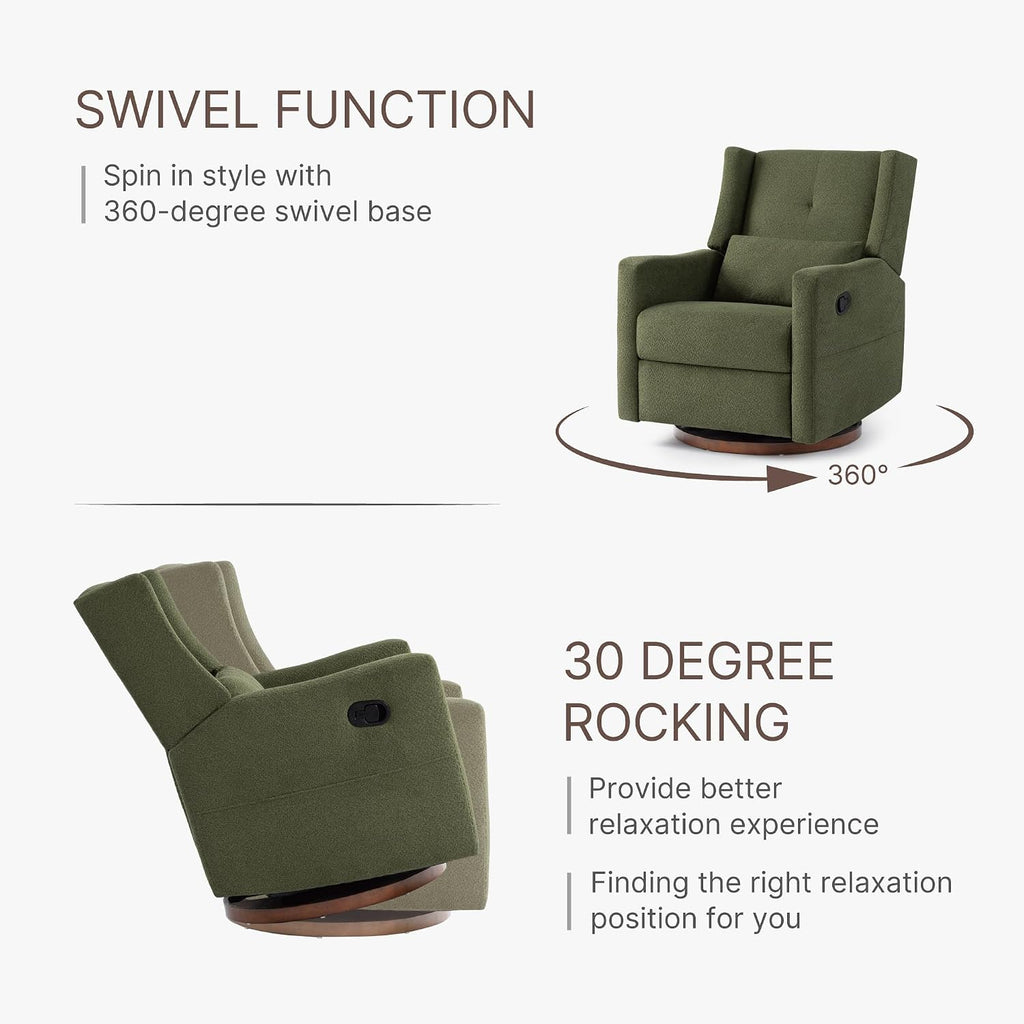 KISLOT Nursery Recliner Chair Swivel Glider Upholstered Rocker Fabric Manual Reclining Chair with Wood Base for Living Room Bedroom