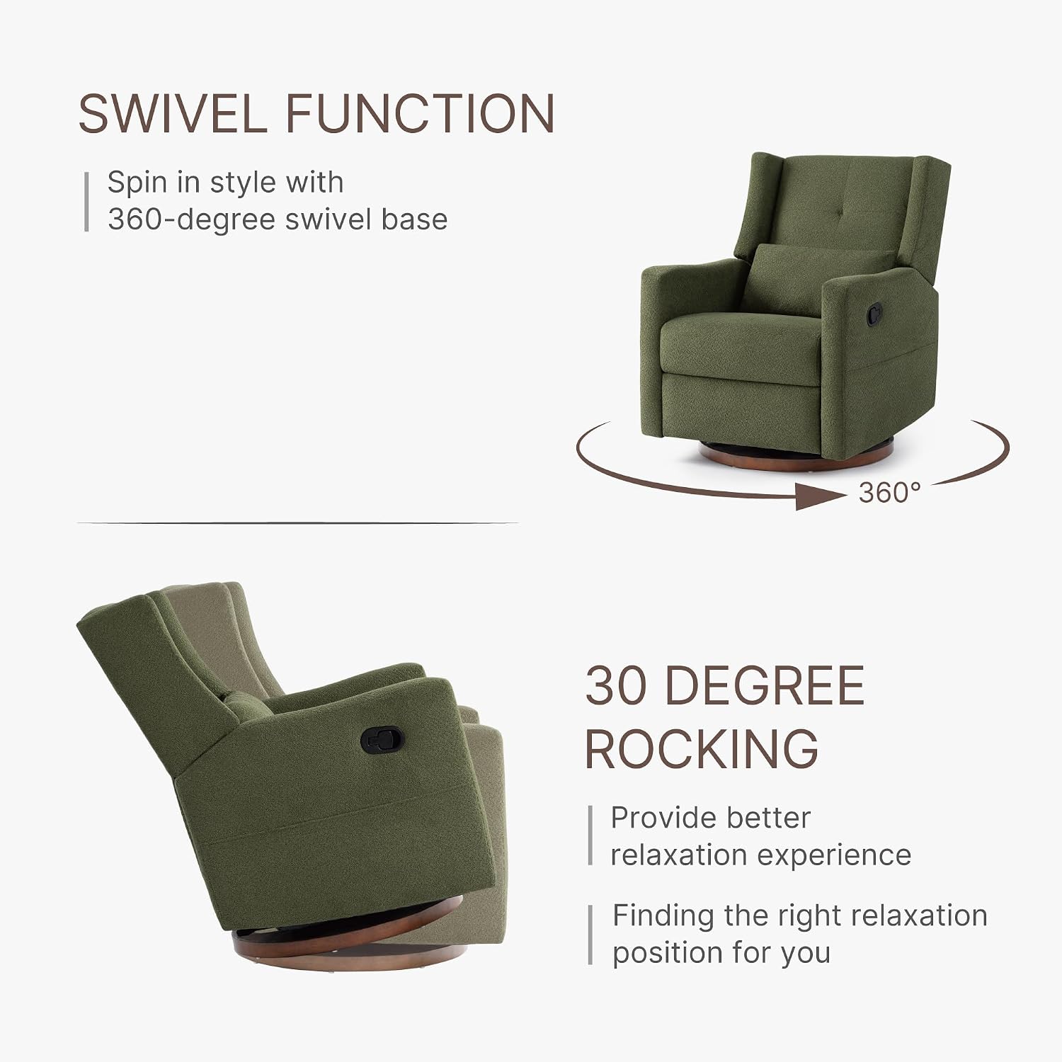 KISLOT Nursery Recliner Chair Swivel Glider Upholstered Rocker Fabric Manual Reclining Chair with Wood Base for Living Room Bedroom