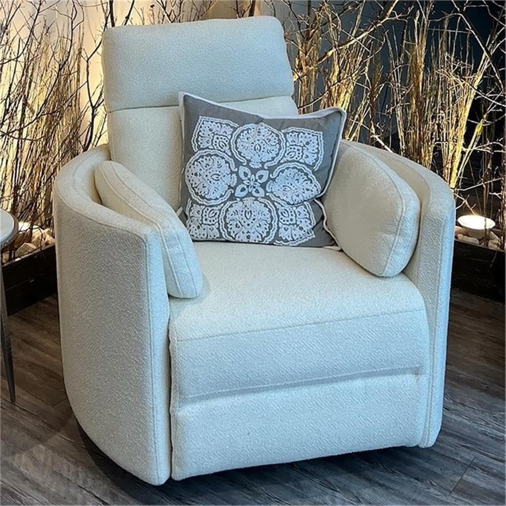 Pemberly Row Fabric Power Swivel Glider Recliner in Revel Oyster/White with USB Charging Ports and 2 Comfort Pillows for Living Room