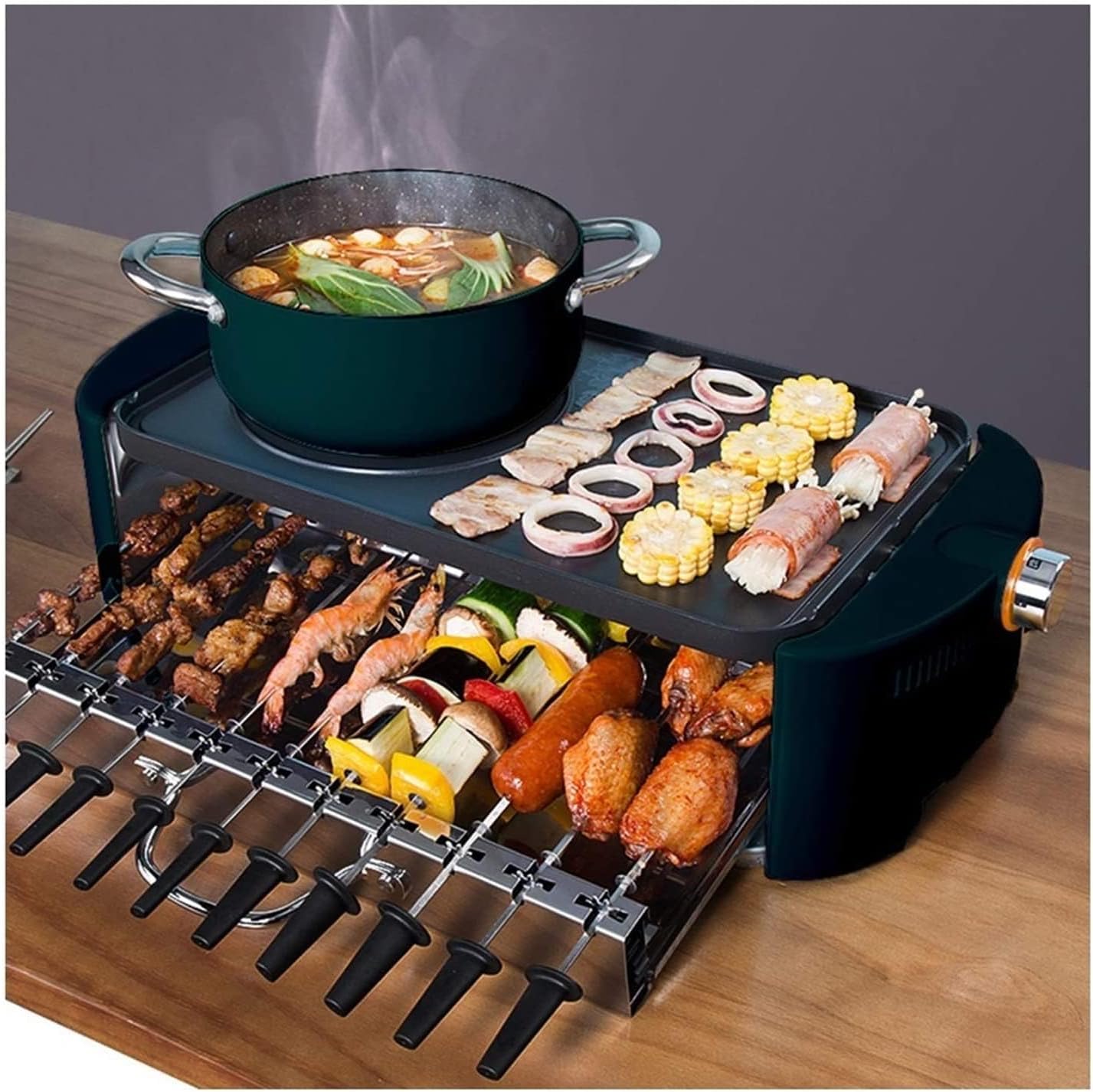 Electric BBQ Grill Indoor Portable Electric Grill, Hot Pot Chafing Dish Non-stick Baking Tray Skewers, Large Capacity Household Multifunctional (Green)