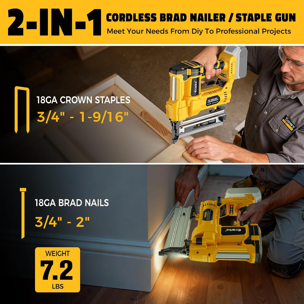 Ecarke Cordless 2' Brad Nailer Compatible with DeWalt 20V Battery(No Battery), 2 in 1 Electric Nail Gun Staple Gun with 18GA Nails, Power Nail Gun for Trim Wood Crafting Home Carpentry, 7.2LBS