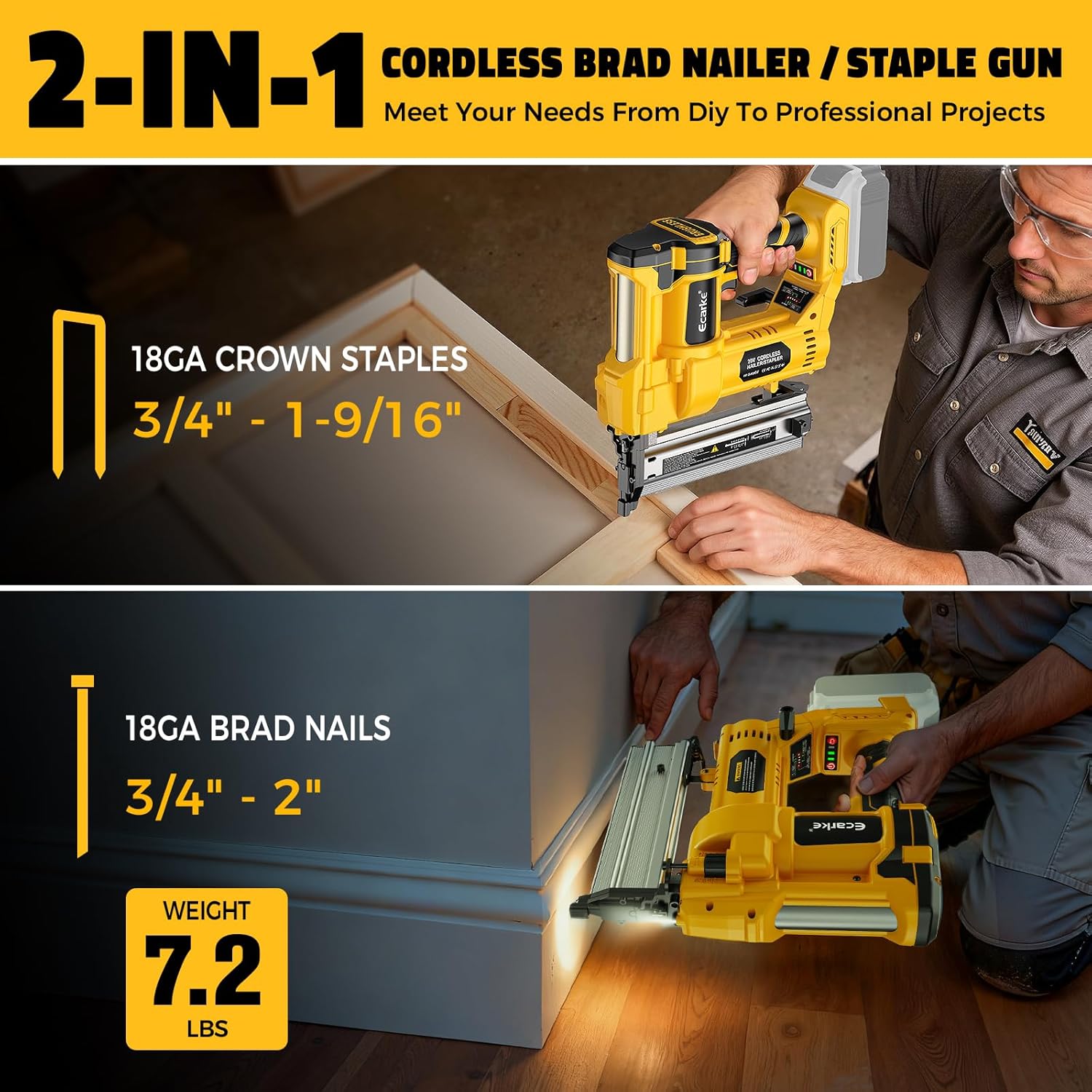 Ecarke Cordless 2' Brad Nailer Compatible with DeWalt 20V Battery(No Battery), 2 in 1 Electric Nail Gun Staple Gun with 18GA Nails, Power Nail Gun for Trim Wood Crafting Home Carpentry, 7.2LBS