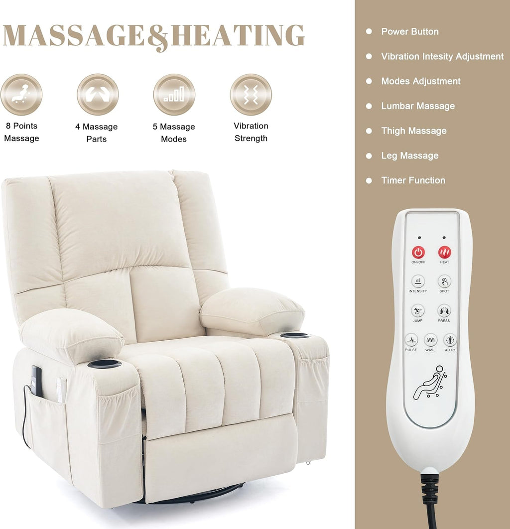 Oversized Recliner Chairs for Adults, Swivel Rocker Recliner with Heat and Massage Lazy Boy Recliner, Recliner Chairs Single Sofa Seat with Cup Holders (Beige, Electric)