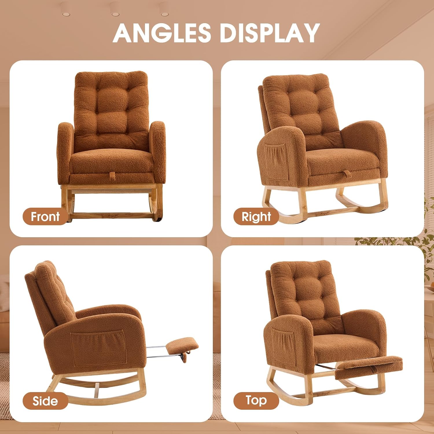 NIOIIKIT Rocking Chair Nursery, Teddy Upholstered Glider Chair with Footstool, Tufted Rocker Recliner Chair with Side Pocket, Comfy Glider Accent Chair for Living Room (Brown Teddy)