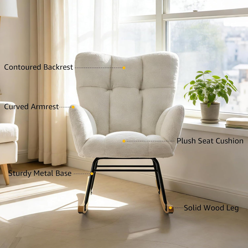 Teddy Glider Rocker Chair, Upholstered Rocking Chair for Nursery, Accent Chair with Headrest/Side Pocket, Comfy Baby Rocker Armchair & Adult Rocking Chair (Teddy, White Without Headrest, Single)