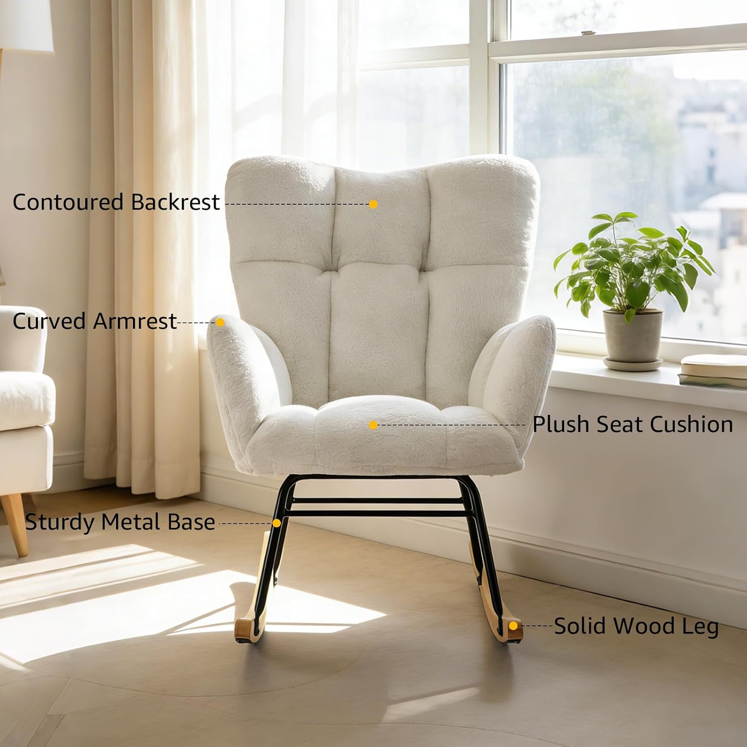 Teddy Glider Rocker Chair, Upholstered Rocking Chair for Nursery, Accent Chair with Headrest/Side Pocket, Comfy Baby Rocker Armchair & Adult Rocking Chair (Teddy, White Without Headrest, Single)