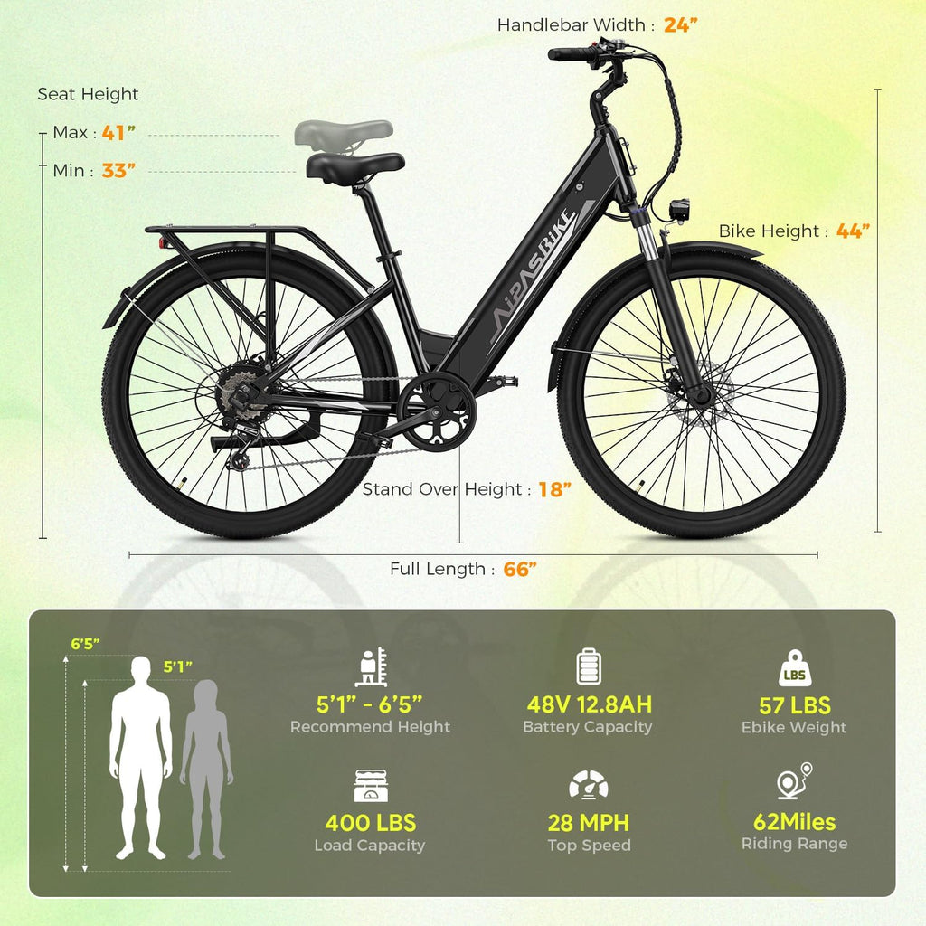 Aipas Electric Bike for Adults with 1100W Motor Peak, 48V 12.8Ah Battery, Max 62 Miles 28MPH, 26' Electric Commuter Bike with 7-Speed and Suspension System