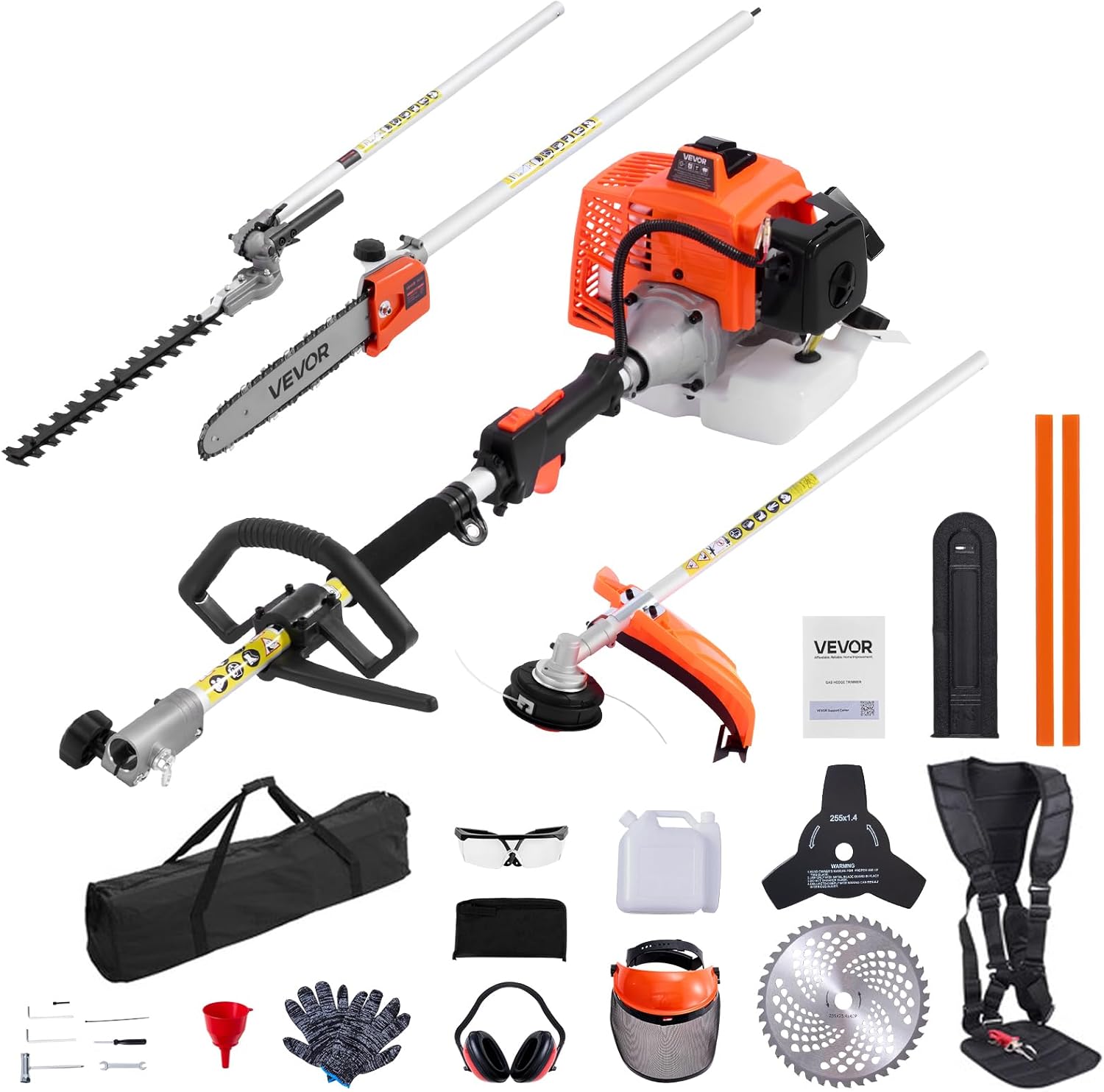 VEVOR Gas Hedge Trimmer, 2 Cycle Gas Power Handheld Hedge Trimmer, 5-in-1 63cc Cordless Weed Eater with Protective Gear Set, Includes Hedge and String Trimmer, Brush Cutter(3T & 40T Blades), Pole Saw