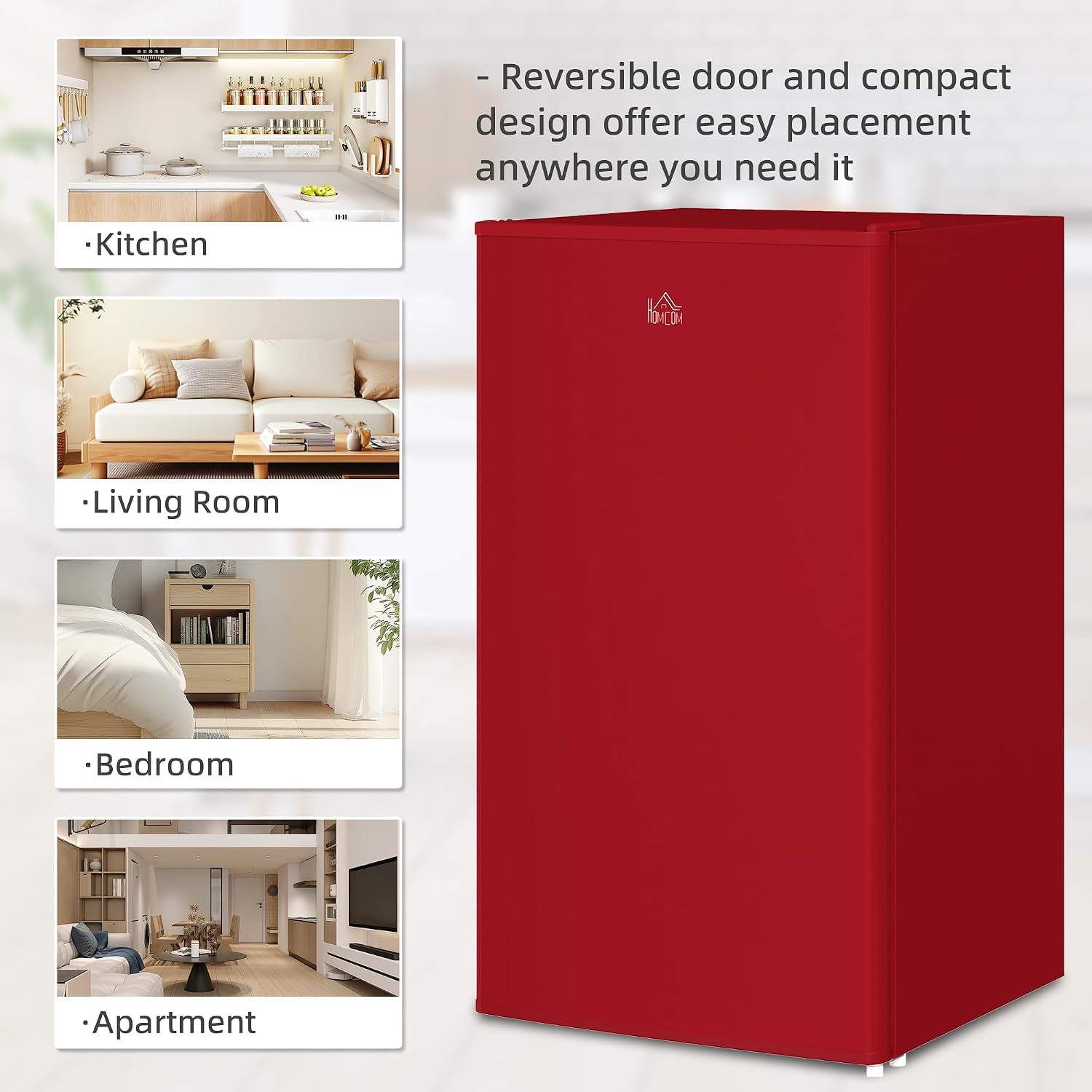 HOMCOM 3.2 Cu.Ft Mini Fridge with Freezer, Compact Refrigerator with Adjustable Thermostat, Shelf and Single Reversible Door for Bedroom, Dorm, Home Office, Energy Efficient, Red