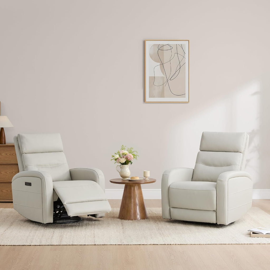Watson & Whitely Swivel Recliner with Power Headrest, Recliner Chairs for Adults, Small Glider Rocker for Living Room, Faux Leather in Cream