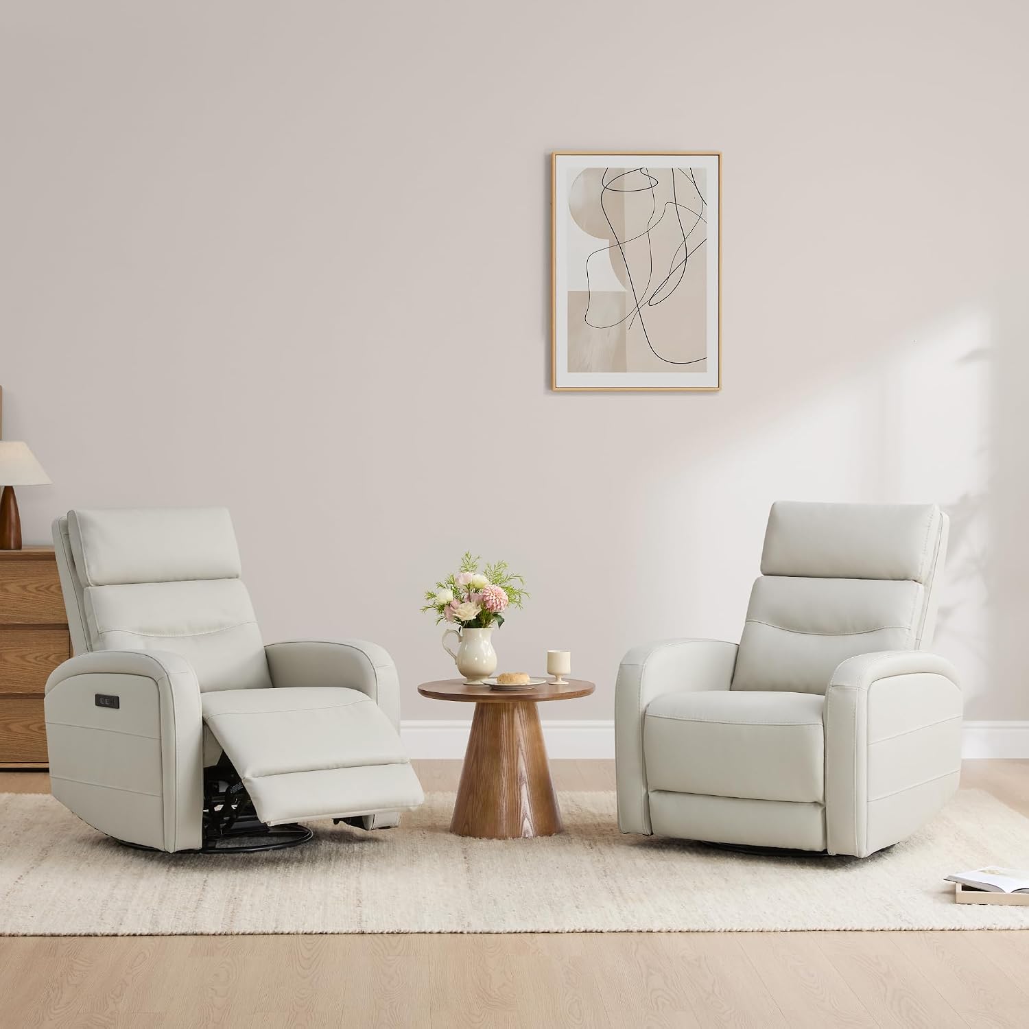 Watson & Whitely Swivel Recliner with Power Headrest, Recliner Chairs for Adults, Small Glider Rocker for Living Room, Faux Leather in Cream