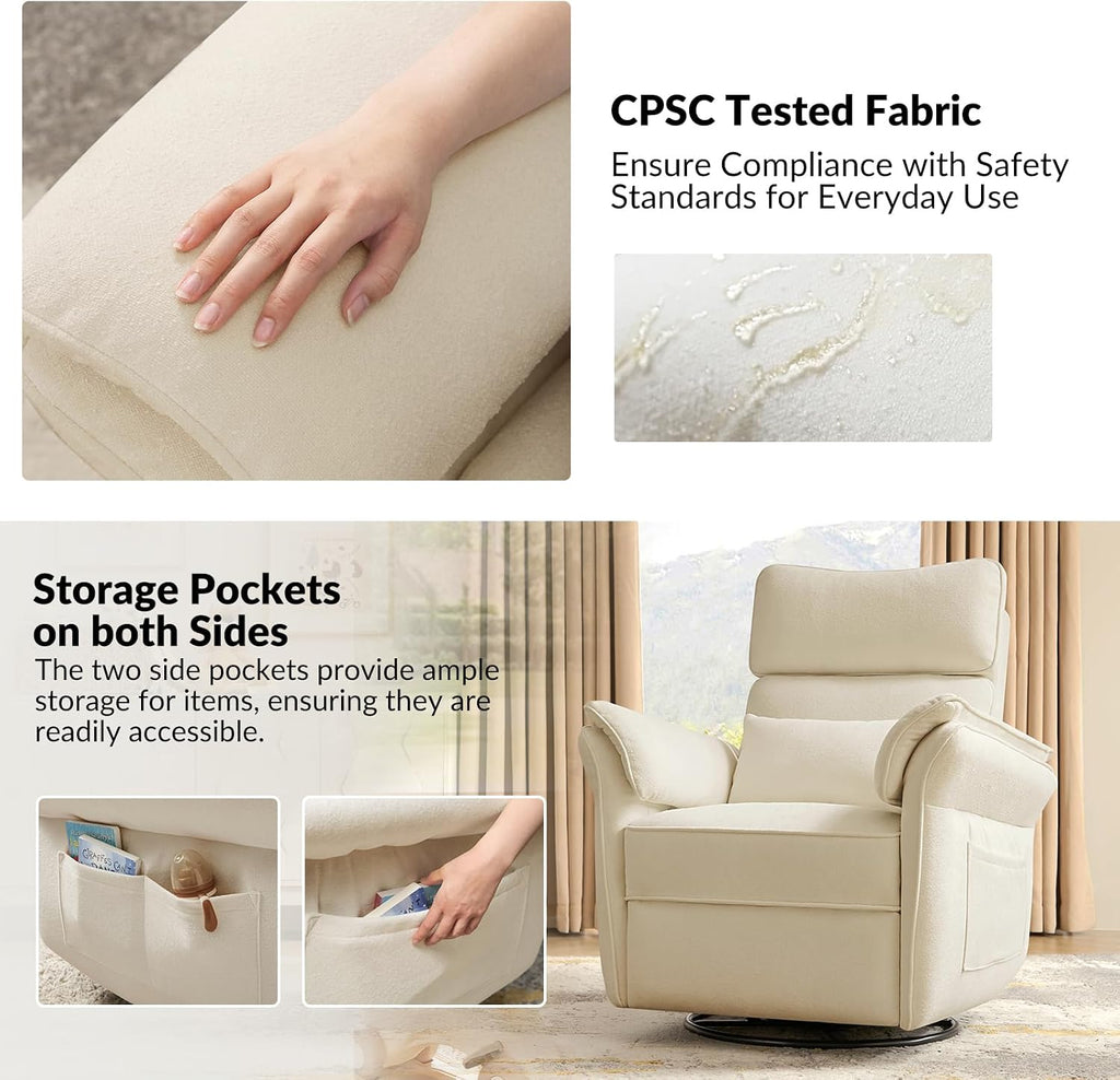 HULALA HOME Nursery Glider Recliner with Adjustable Headrest and Armrests, Power Swivel Rocker Recliner Chair with USB Port and Storage Bags, GREENGARD, FSC, CertiPUR-US® Certified, Beige