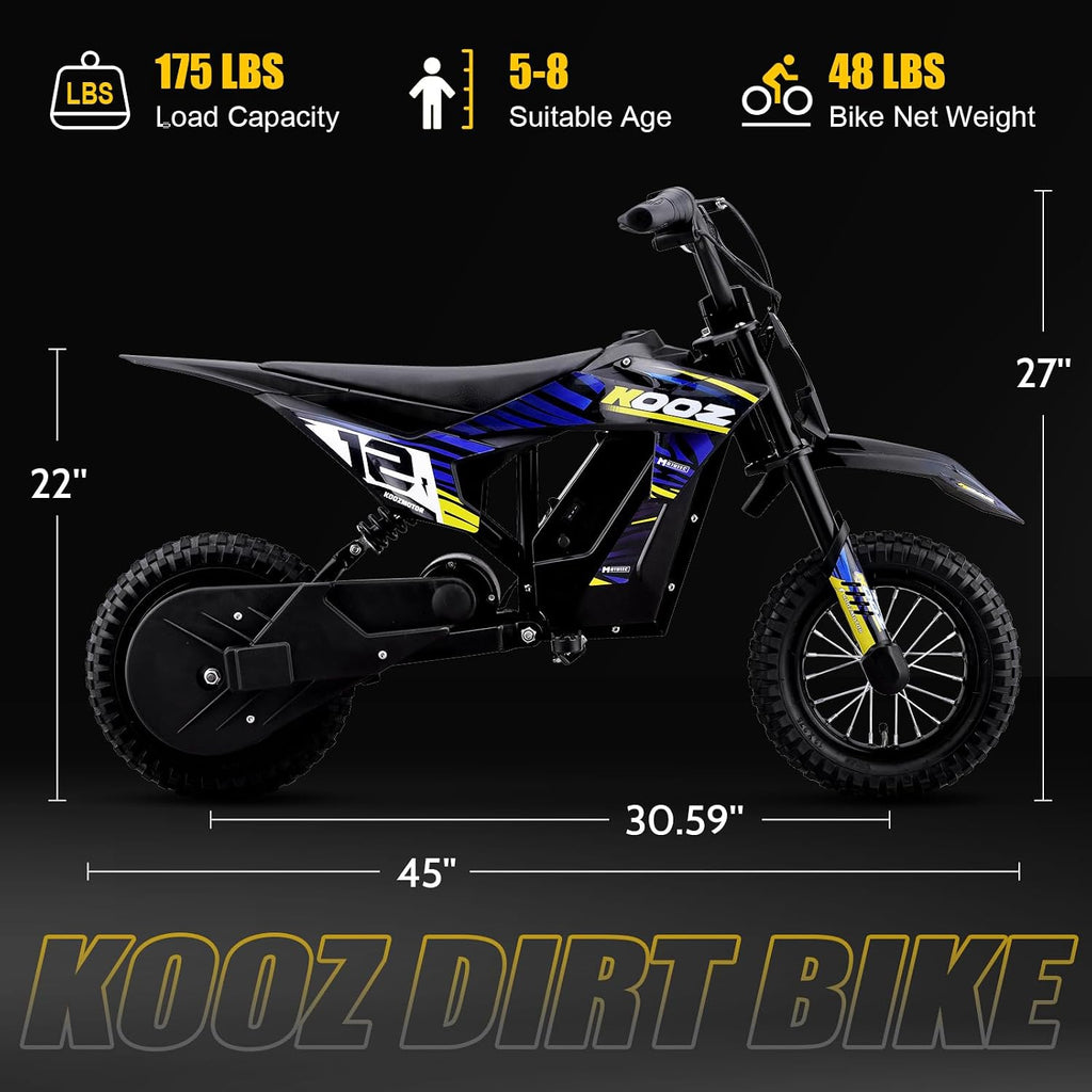 KOOZ 36V 300W Electric Dirt Bike for Kids - 3 Speed Modes Electric Motorcycle Up to 15.5 MPH & 14 Miles Long-Range, Shock Absorber & Rear Brake, 12' Sturdy Tire Gift for Kids