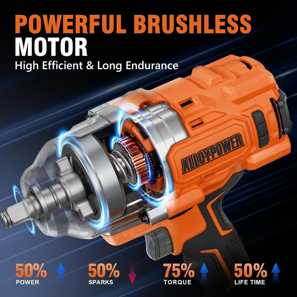 ALLOYPOWER Cordless Brushless Impact Wrench, 1475 ft-lbs (2000N.m), 1/2 High Torque power impact gun, 3-Mode Speed, 2*4000mAh Battery, 3 Sockets, Electric Impact Wrench Set for Car Tire Truck RV Mower