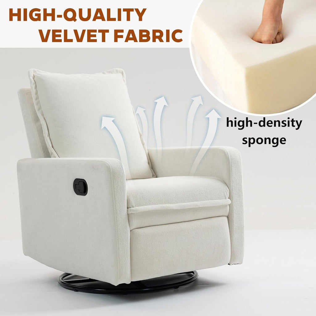 Rocker Recliner Chair for Adults, Swivel Rocker Recliner Chairs with Armrests, Glider Recliner Nursery Chair with Black Metal Base, Small Recliners for Small Spaces, Living Room (White)