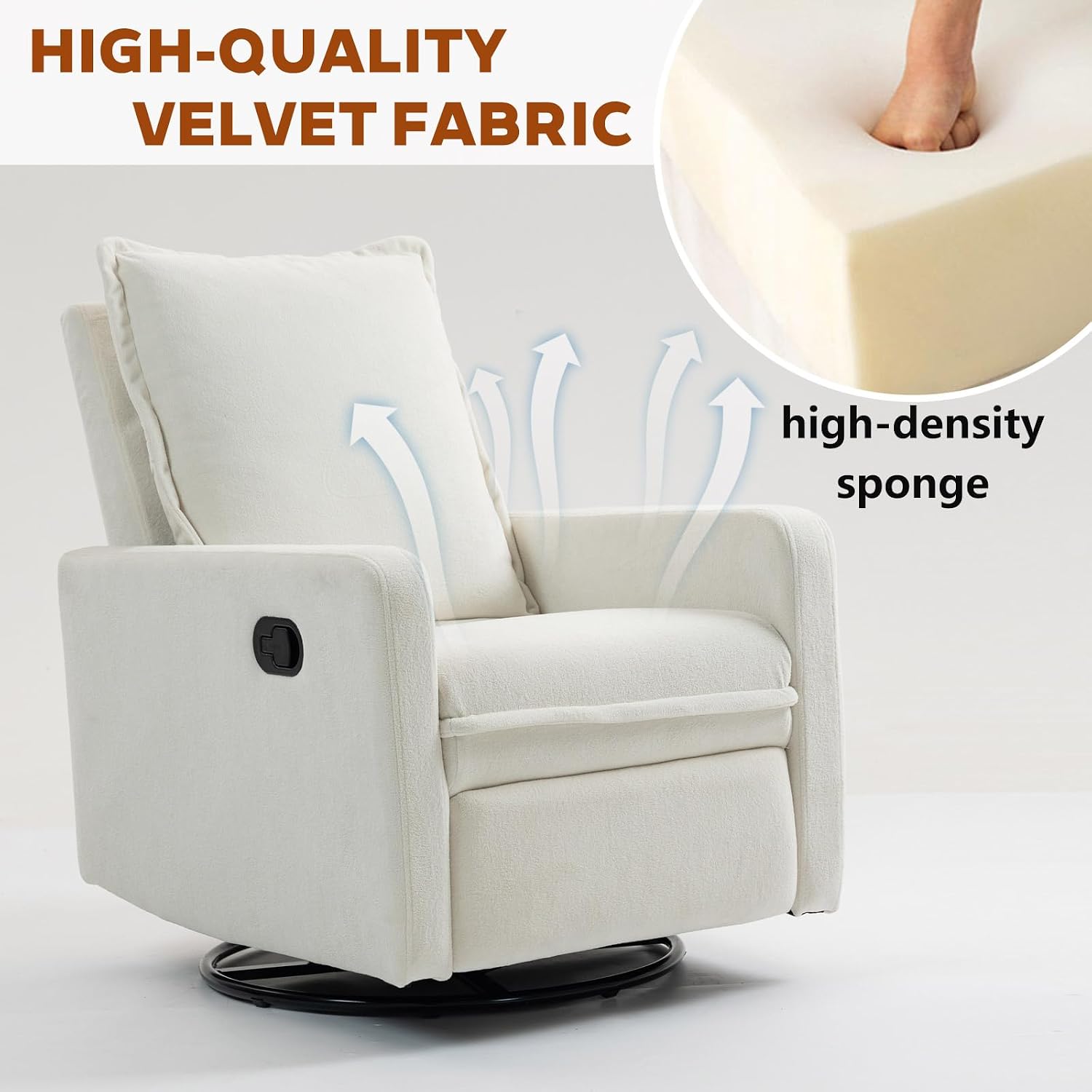 Rocker Recliner Chair for Adults, Swivel Rocker Recliner Chairs with Armrests, Glider Recliner Nursery Chair with Black Metal Base, Small Recliners for Small Spaces, Living Room (White)
