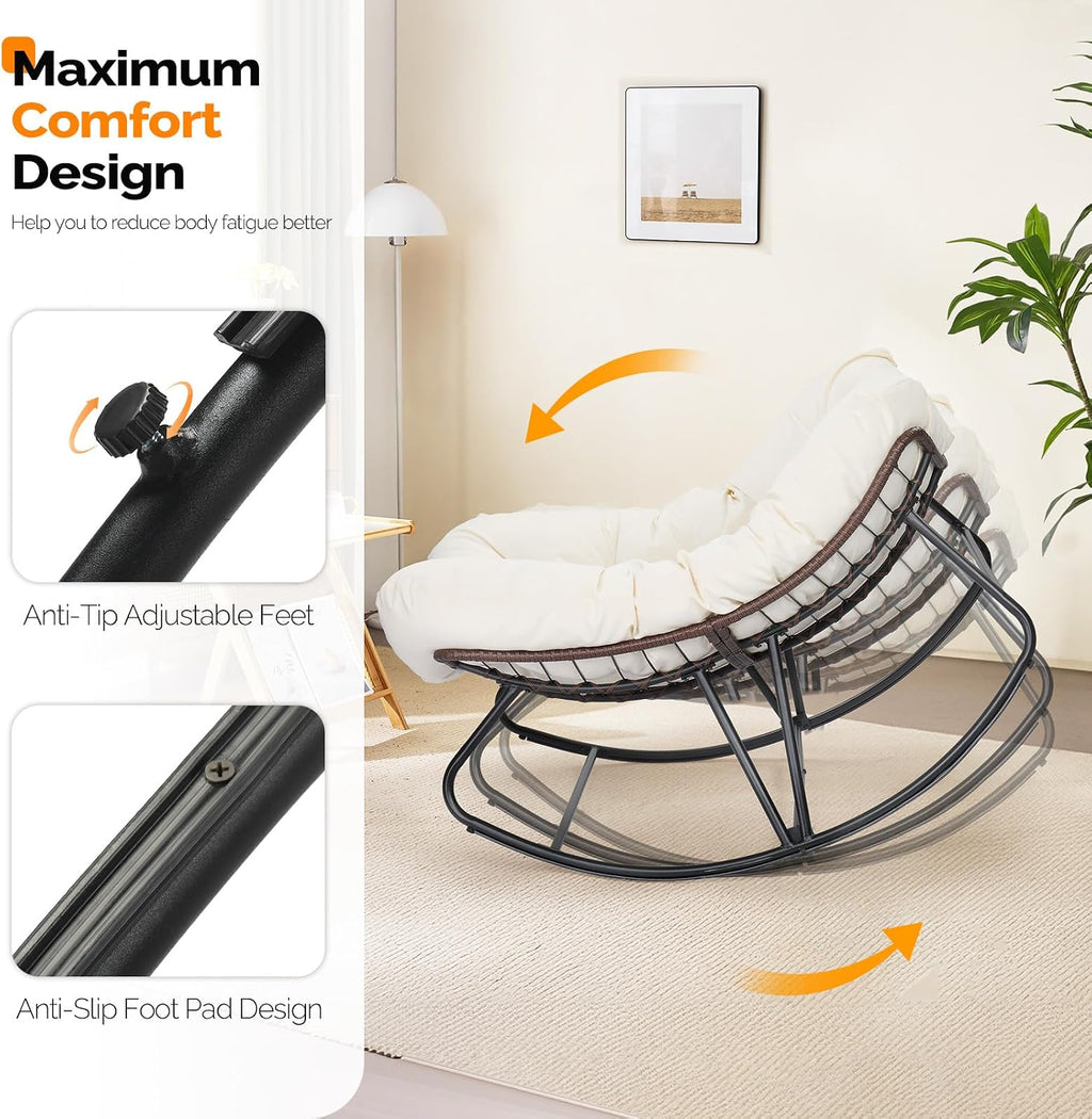 VINGLI Papasan Rocking Chair, Iron Frame Wicker Patio Chair with Thick Cushion, Indoor Outdoor Rocker for Bedroom, Porch, Garden, Beige