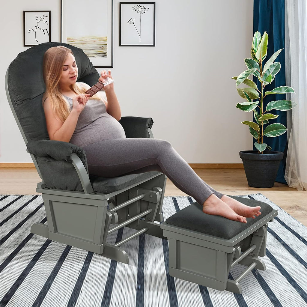 Costzon Baby Glider and Ottoman Cushion Set, Wood Baby Rocker Nursery Furniture for Napping, Nursing, Reading, Upholstered Comfort Nursery Chair w/Padded Armrests & Detachable Cushion (Dark Grey)