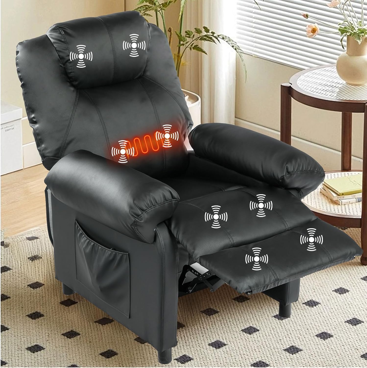Faux Leather Recliner Chair with Massage and Heat, Mid Century Overstuffed Manual Reclining Chair, Massaging Push Back Recliner Chair Single Sofa for Living Room, Black