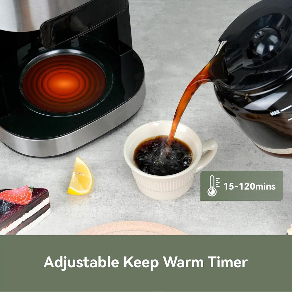 Gevi 10-Cup Drip Coffee Maker with Burr Grinder | Programmable Timer, 1.5L Water Tank, Reusable Filter, Warming Plate, All-in-One Brew & Grind Coffee Machine