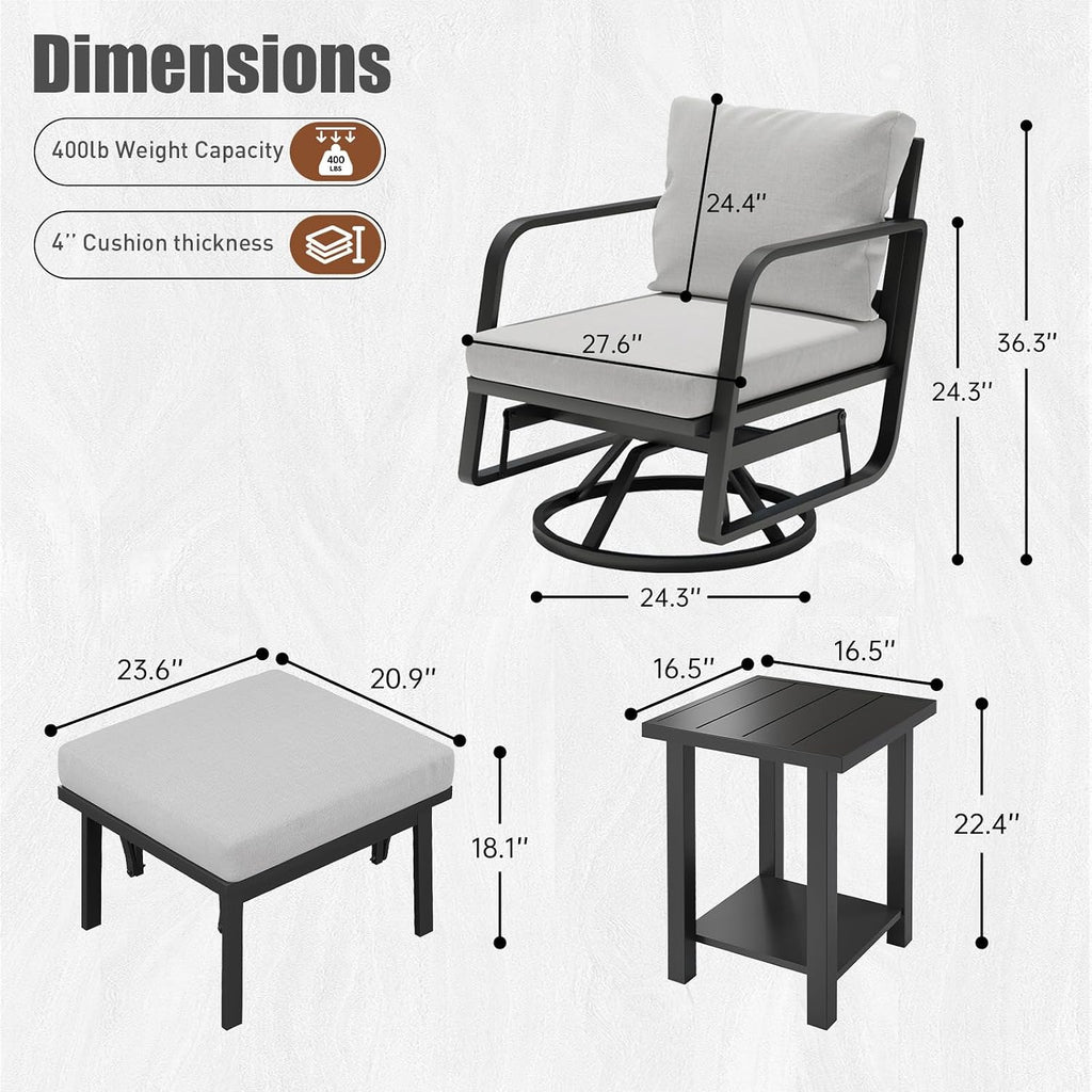 Patio Glider Swivel Rocker Sets: 4Pieces Aluminum Alloy Ensemble with 360° Swivel Rocking Glider Chairs, Rust-Resistant Frame Cushions -Perfect for Decoration (1 Glider chair& 1 Ottoman+1Table)