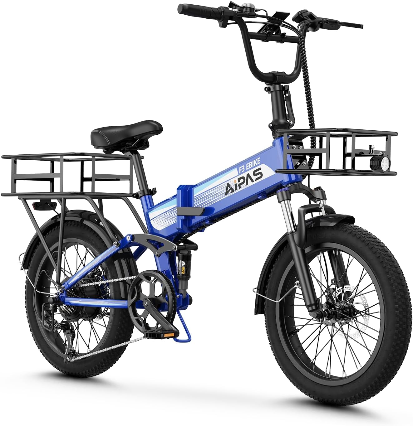 Aipas F3 Electric Bike for Adults with 1500W Motor Peak, 48V 12.8Ah Removable Battery Max 62 Miles 28MPH,20' x 3.0 Fat Tire Folding Electric Bike with 7-Speed and Full Suspension.