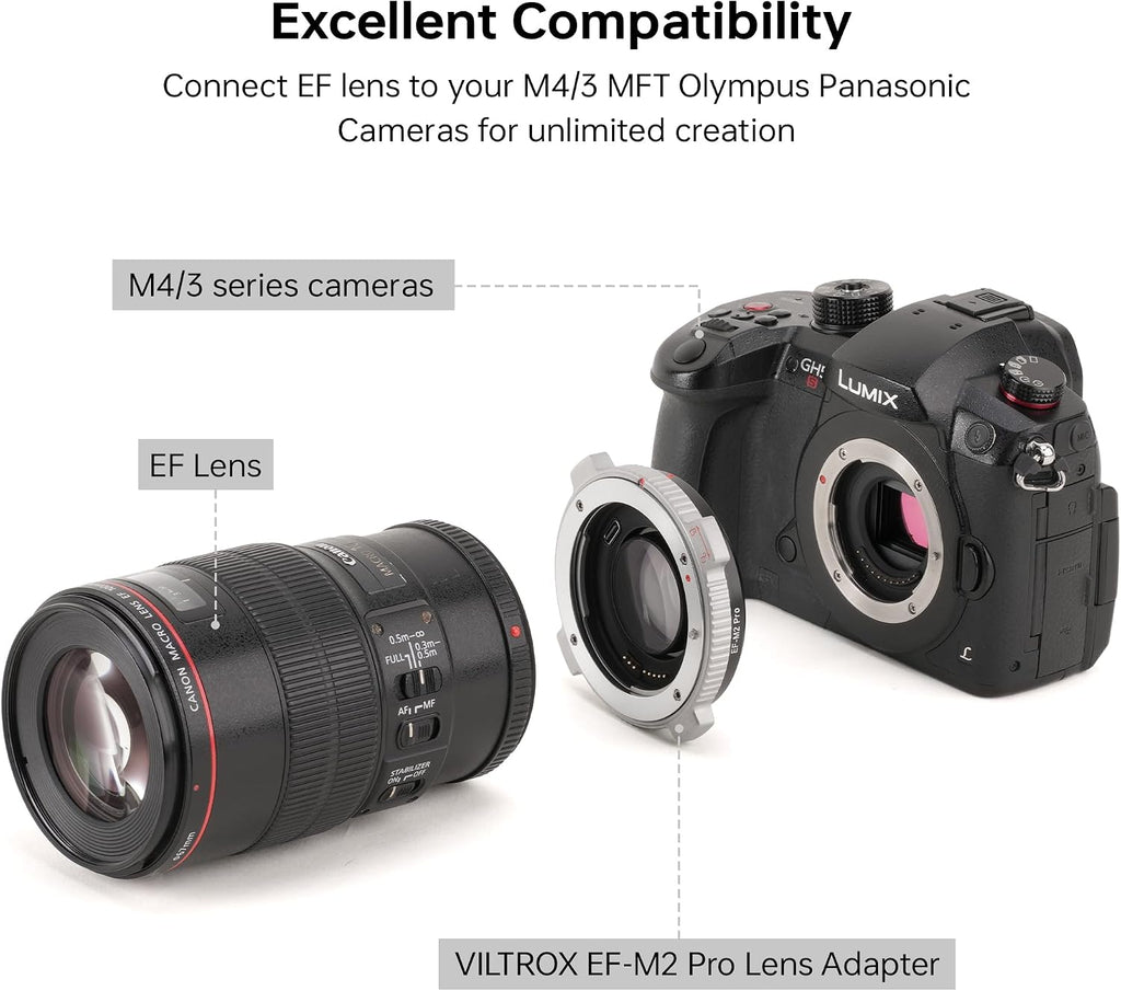 VILTROX EF-M2 Pro Lens Mount Adapter Auto Focus 0.71x Reducer Speed Booster with Security Lock Compatible with Canon EF Mount Lens to M4/3 Camera GH4 GH5 GH5S GF6 GX85 GX7 Olympus E-M5 E-M10 E-PL5