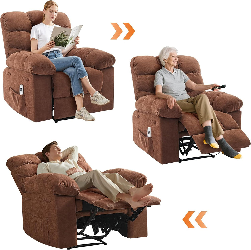 Recliner Rocking Chair with Massage & Heat, Wide Overstuffed Fabric Recliner with Breathable Upholstery, Ergonomic Design, 2 Side Pockets & Remote Control for Living Room or Bedroom (Brown)