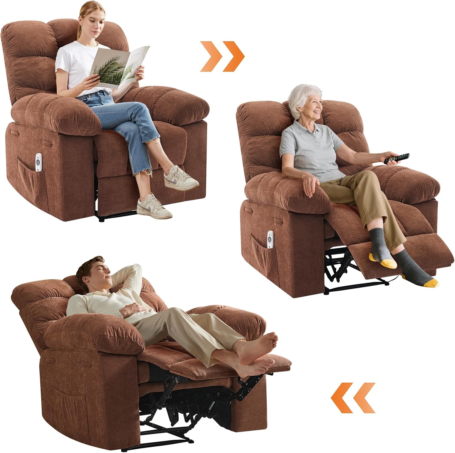 Recliner Rocking Chair with Massage & Heat, Wide Overstuffed Fabric Recliner with Breathable Upholstery, Ergonomic Design, 2 Side Pockets & Remote Control for Living Room or Bedroom (Brown)