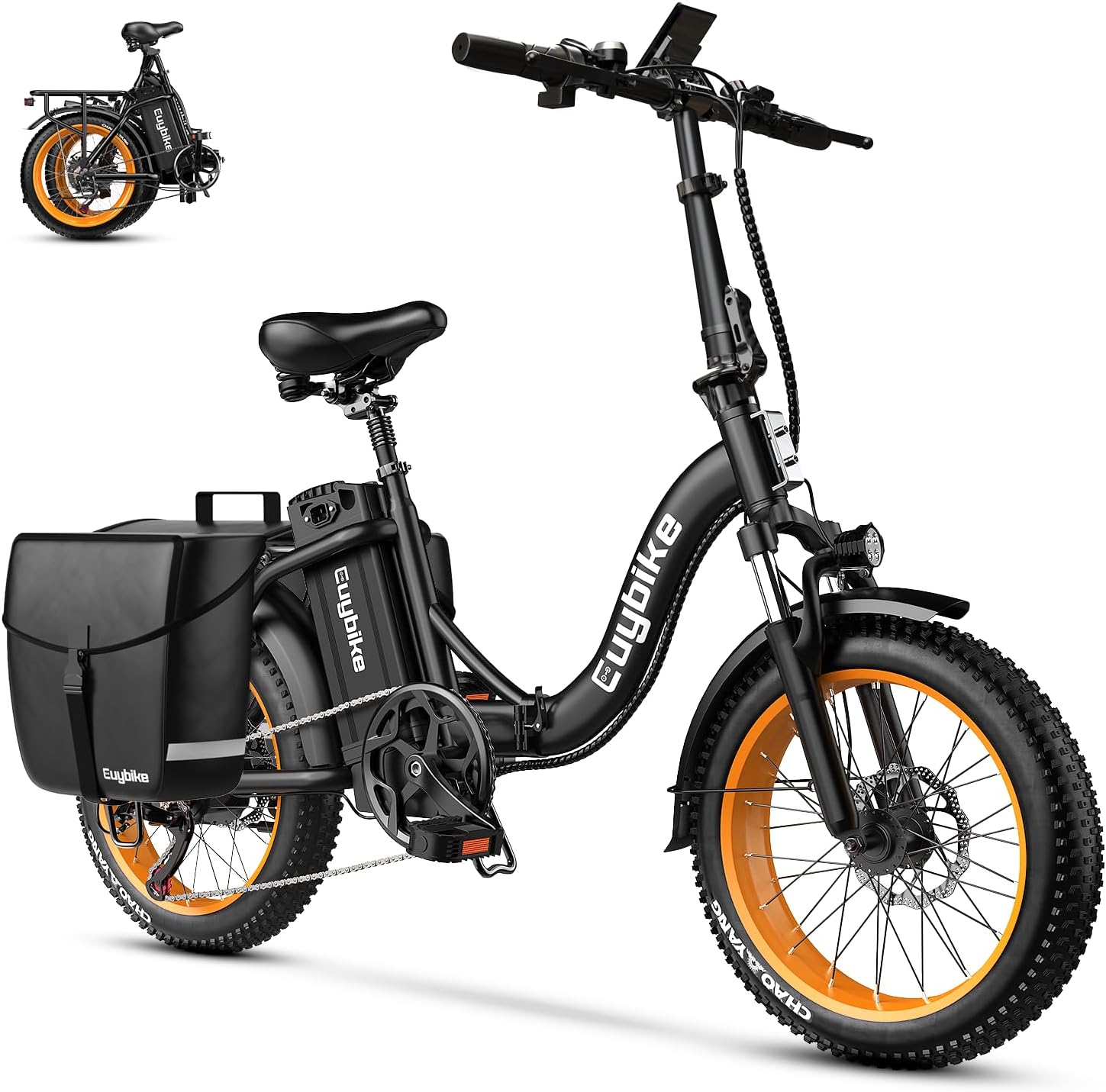 EUYBIKE Folding Electric Bike for Adults with Peak 1000W Motor, 48V 20AH Battery up to 80 Miles, 20' Fat Tire All Terrain Ebike, Front Suspension 7-Speed Commuter E Bike, Step-Thru, UL Certified