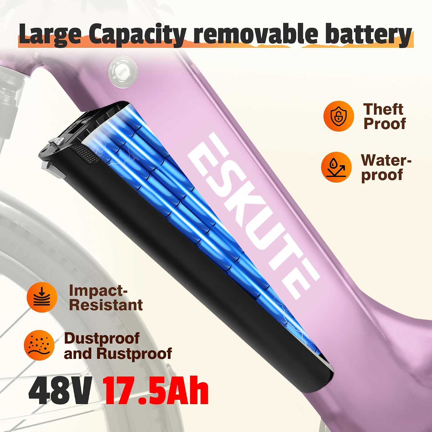ESKUTE Electric Bike for Adults-1300w Peak Ebike, 28MPH Step Thru Electric Bicycle，70Miles 840 WH Removable Battery e-Bike, 7-Speed 26'' tire, Adjustable Stem,