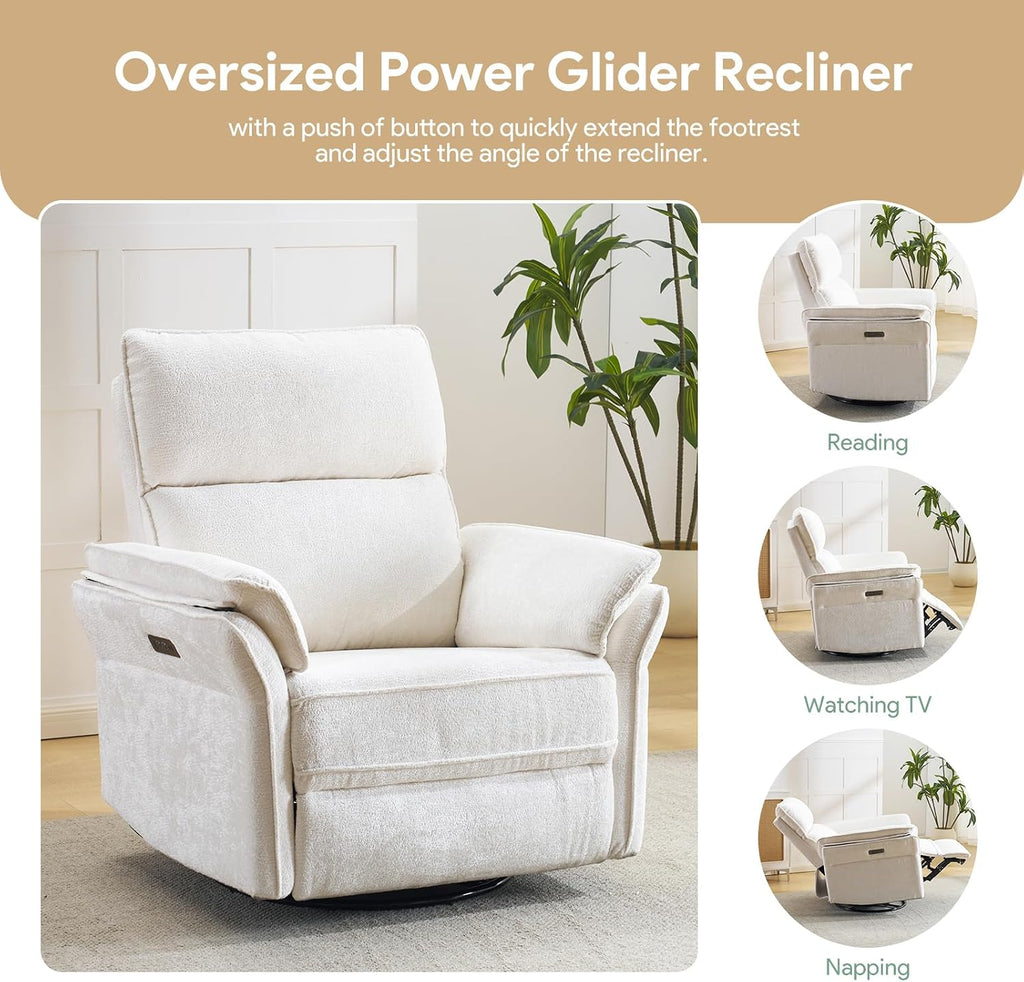 Oversized Rocking Chair Nursery with Massage and Heat, Glider Recliner Nursery Chair with Adjustable Headrest, Power Swivel Rocker Recliner Chair with USB Port, White