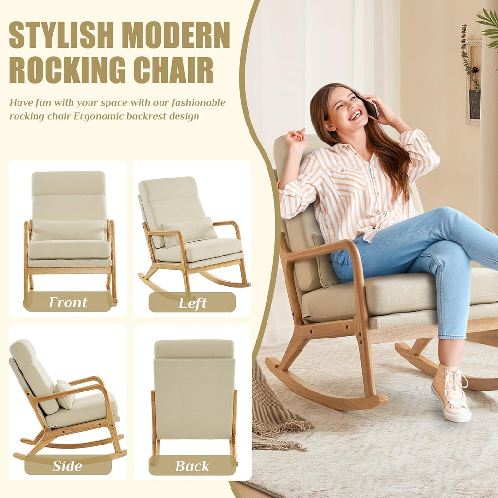 Karl home Nursery Rocking Chair Removable Glider Rocker High Backrest Rocking Armchair Mid-Century Accent Chair with Lumber Pillow for Bedroom, Living Room, Nursery, Beige