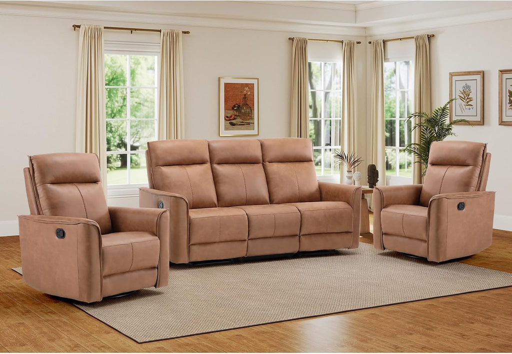 EBELLO Manual Recliner Sofa Furniture Set for Living Room, 2 Leathaire Nursing Chairs Swivel Glider Recliners and a 3 Seater Reclining Couch Set for Home Office, Brown