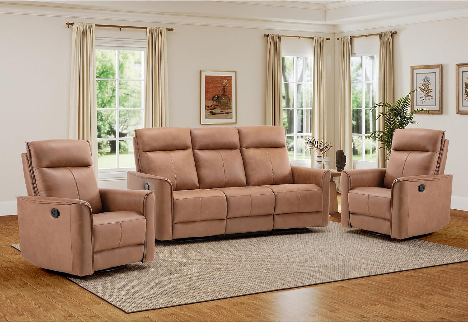 EBELLO Manual Recliner Sofa Furniture Set for Living Room, 2 Leathaire Nursing Chairs Swivel Glider Recliners and a 3 Seater Reclining Couch Set for Home Office, Brown