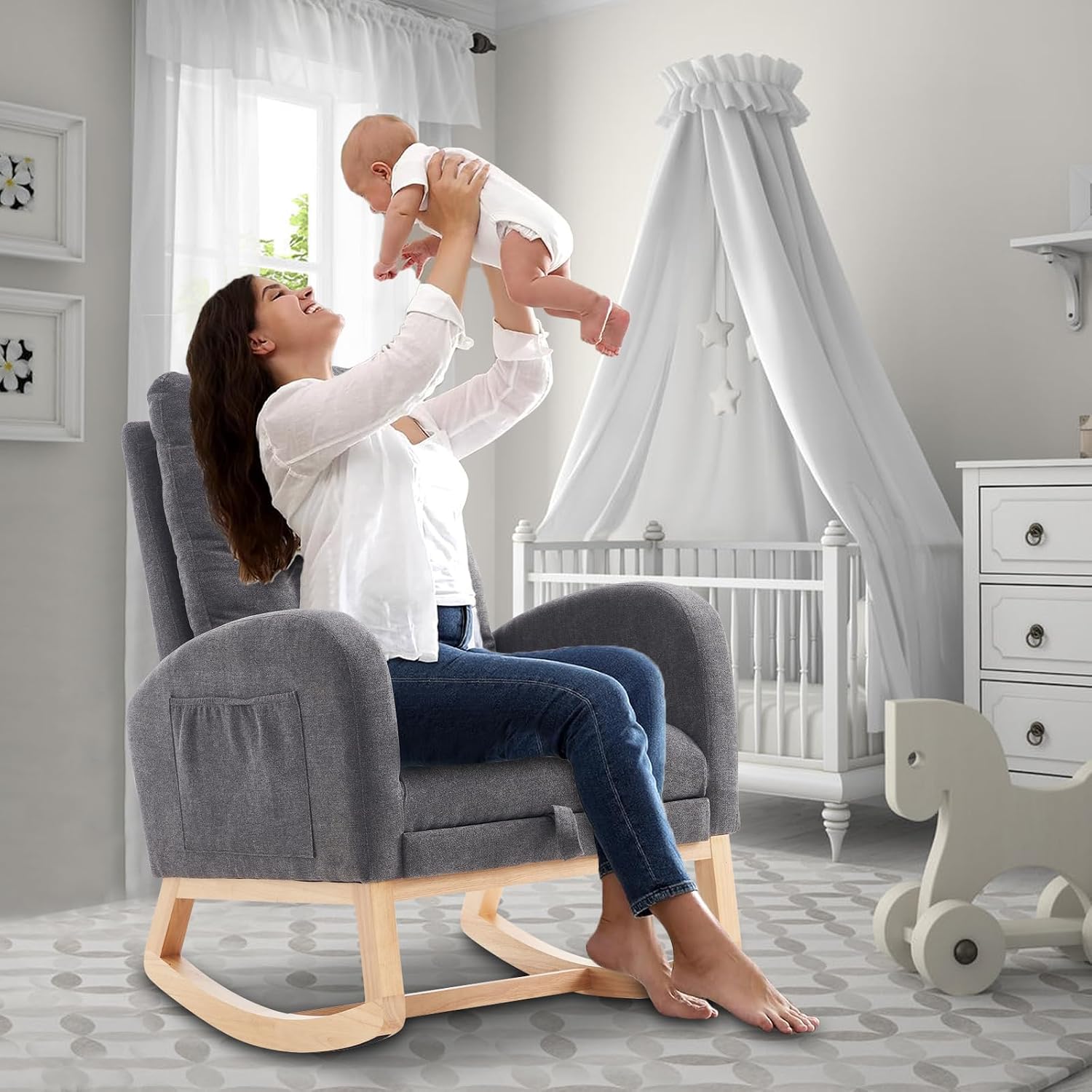 cinkehome Nursery Rocking Chair with Retractable Foot Rest, Glider Rocking Chair with Solid Wood Legs, High Back, Button Decors, Mid Century Rocker Chair, Grey