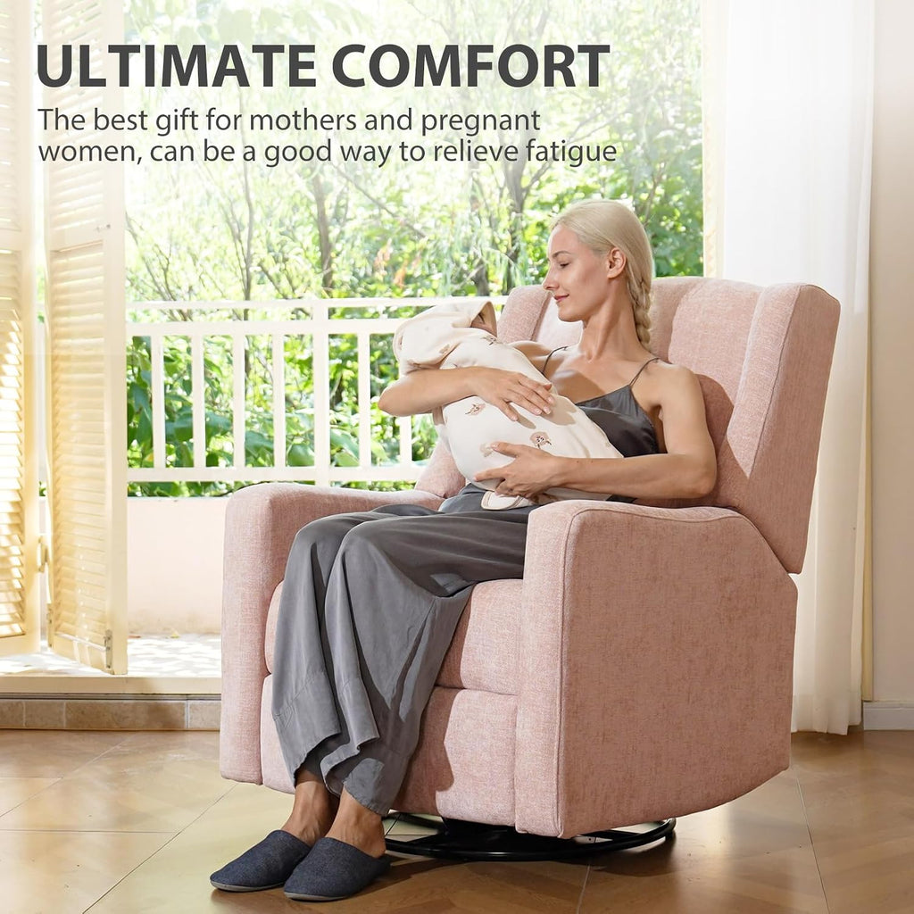 Power Recliner Chair Swivel Glider, Large Nursery Glider w/USB Charging Port, Chenille Upholstered Rocker Recliner for Bedroom,Nursery,Living Room,1PC,Coral Pink